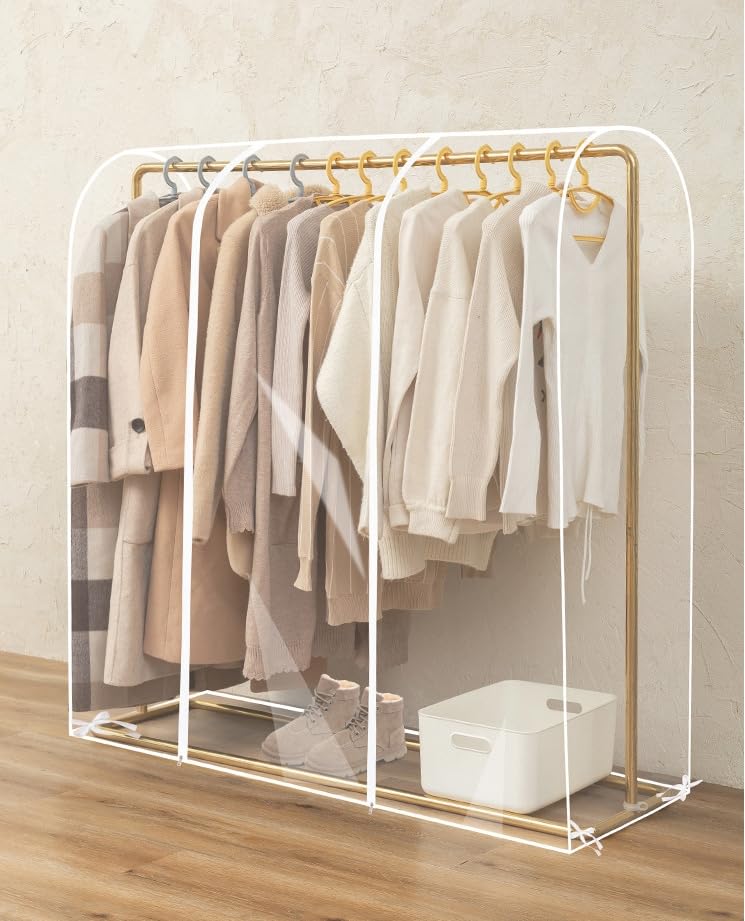Clear Garment Rack Cover, Transparent PEVA Clothes Rack Cover with 2 Durable Zipper, Clothing Dustproof & Waterproof Protector Cover