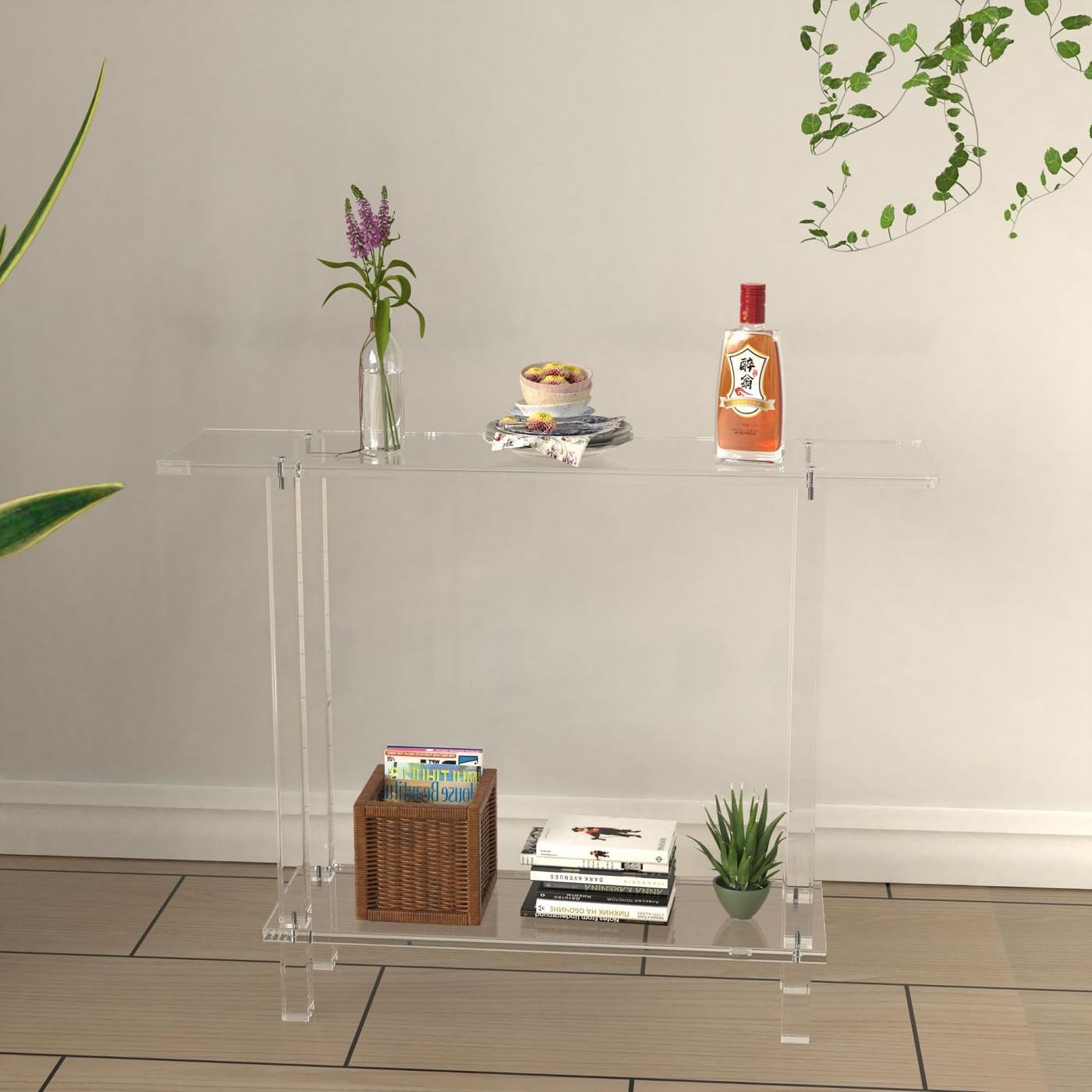 Clear Acrylic Narrow Console Sofa Table, 40inch Acrylic Console Table Entryway Tablé Narrow Long Console Table Modern Tablé Hallway Table Couch Table Transparent Color