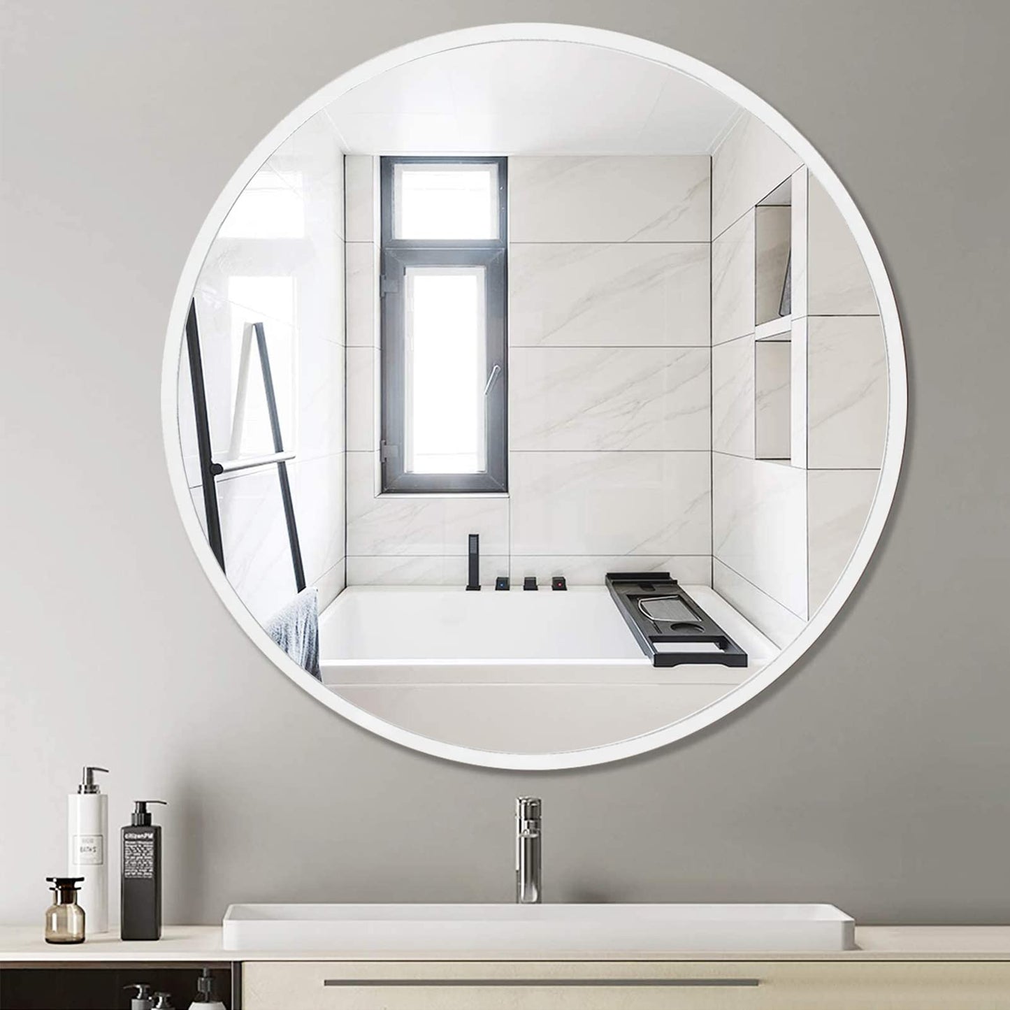 IPOUF 24”Round Mirror, White Large Circle Metal Frame Wall Mirror for Bathroom, Entryway, Living Room,Vanity
