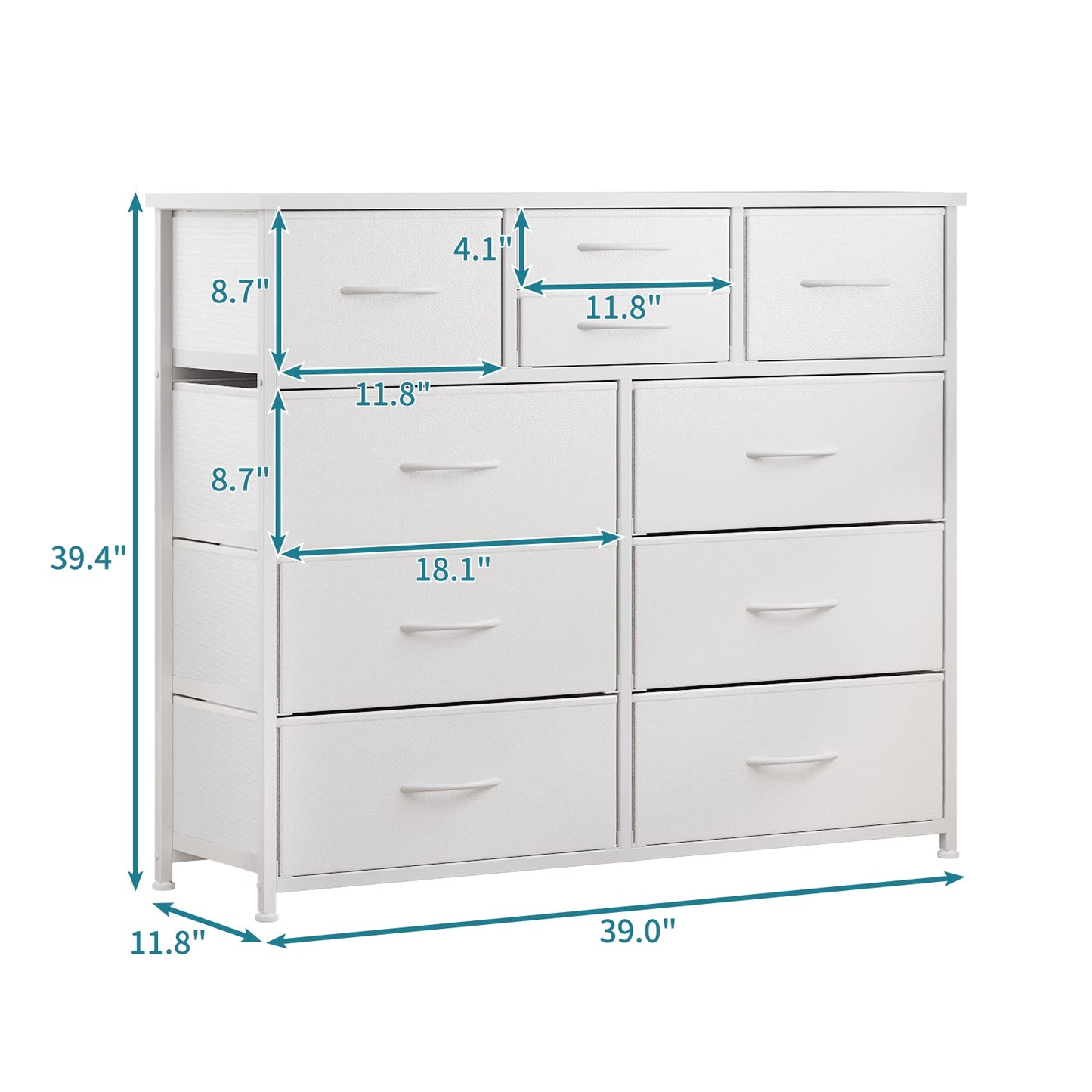 LUMTOK 10-Drawer Dresser, Fabric Storage Dressers Drawers for Bedroom, Hallway, Nursery, Closets, Steel Frame, Wood Top, Easy Pull Handle (White)