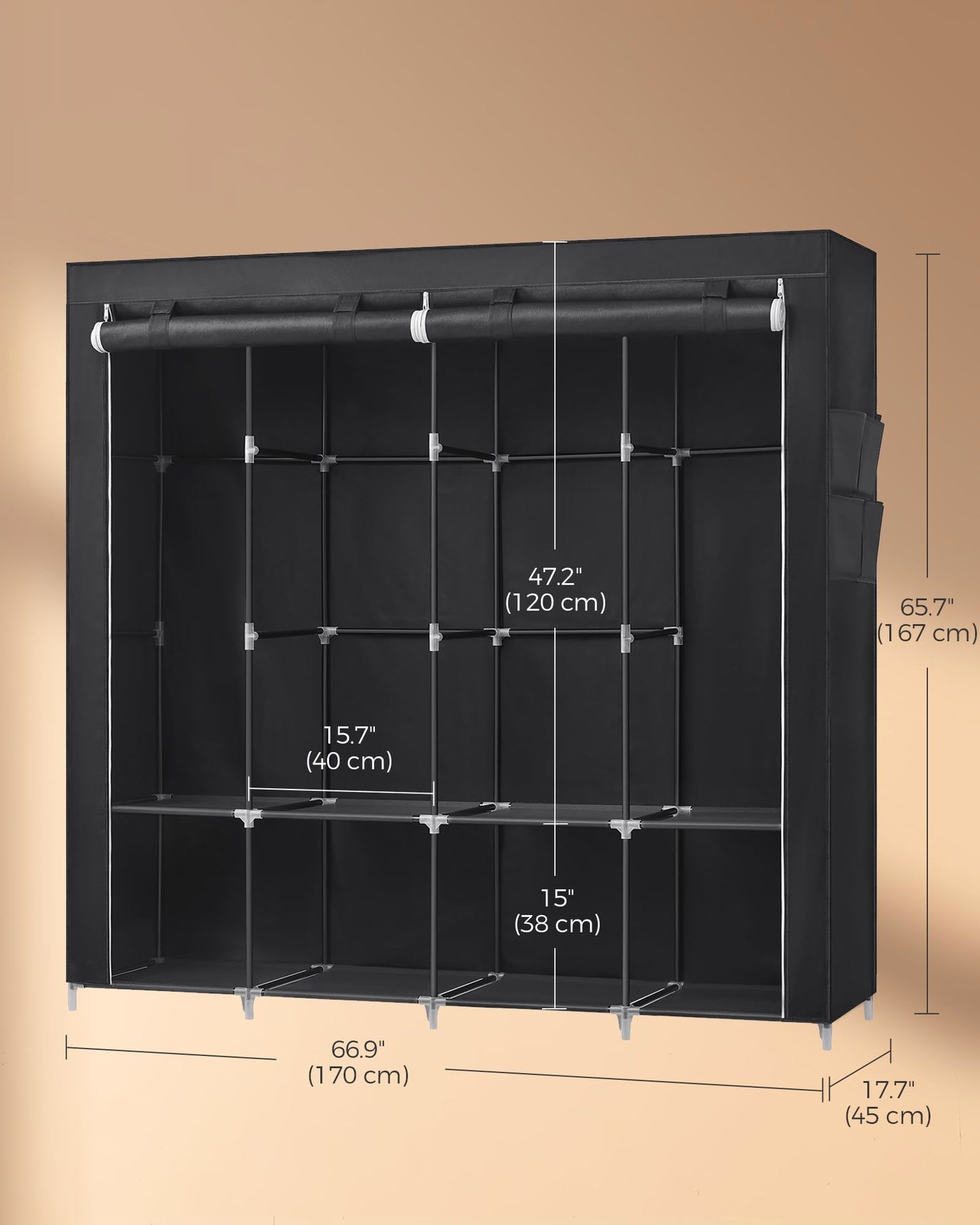 SONGMICS Portable Closet, Wardrobe Closet Organizer with Cover, 4 Hanging Rods and Shelves, 4 Side Pockets, 66.9 x 17.7 x 65.7 Inches, Large Capacity for Bedroom, Living Room, Ink Black URYG094B02