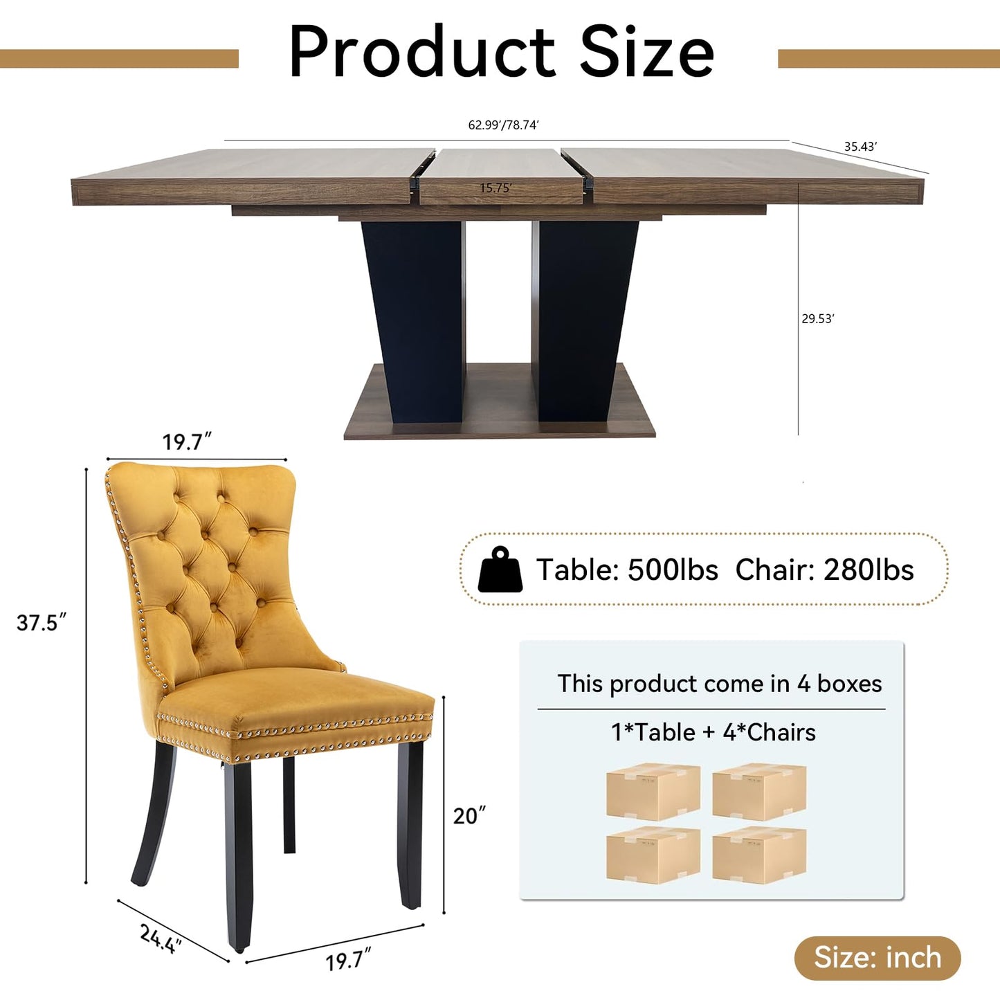 HomVent 5 Piece Extendable Dining Table Set for 4 with Chairs, 63"-78.7" 4 Person Dining Room Table Sets for 4-10 People, Wood Rectangle Farmhouse Expandable Kitchen Table Chairs Set of 4, Dinner Set