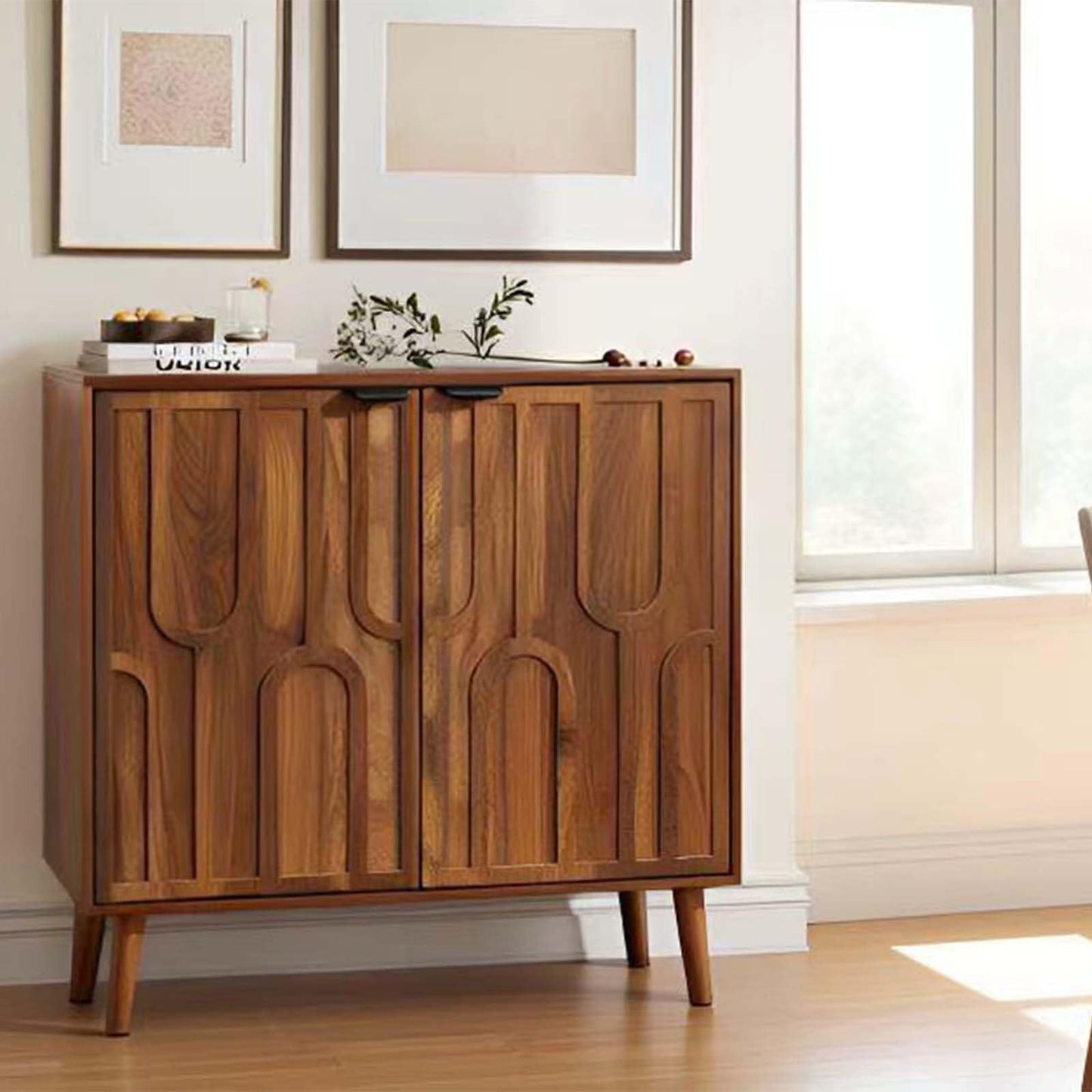 YMW Sideboard Buffet Cabinet, Mid Century Modern Storage Cabinet with Paper Clip Design Doors and Adjustable Shelves, Boho Style Wooden Buffet Cabinets for Hallway, Entry, Living Room, Walnut