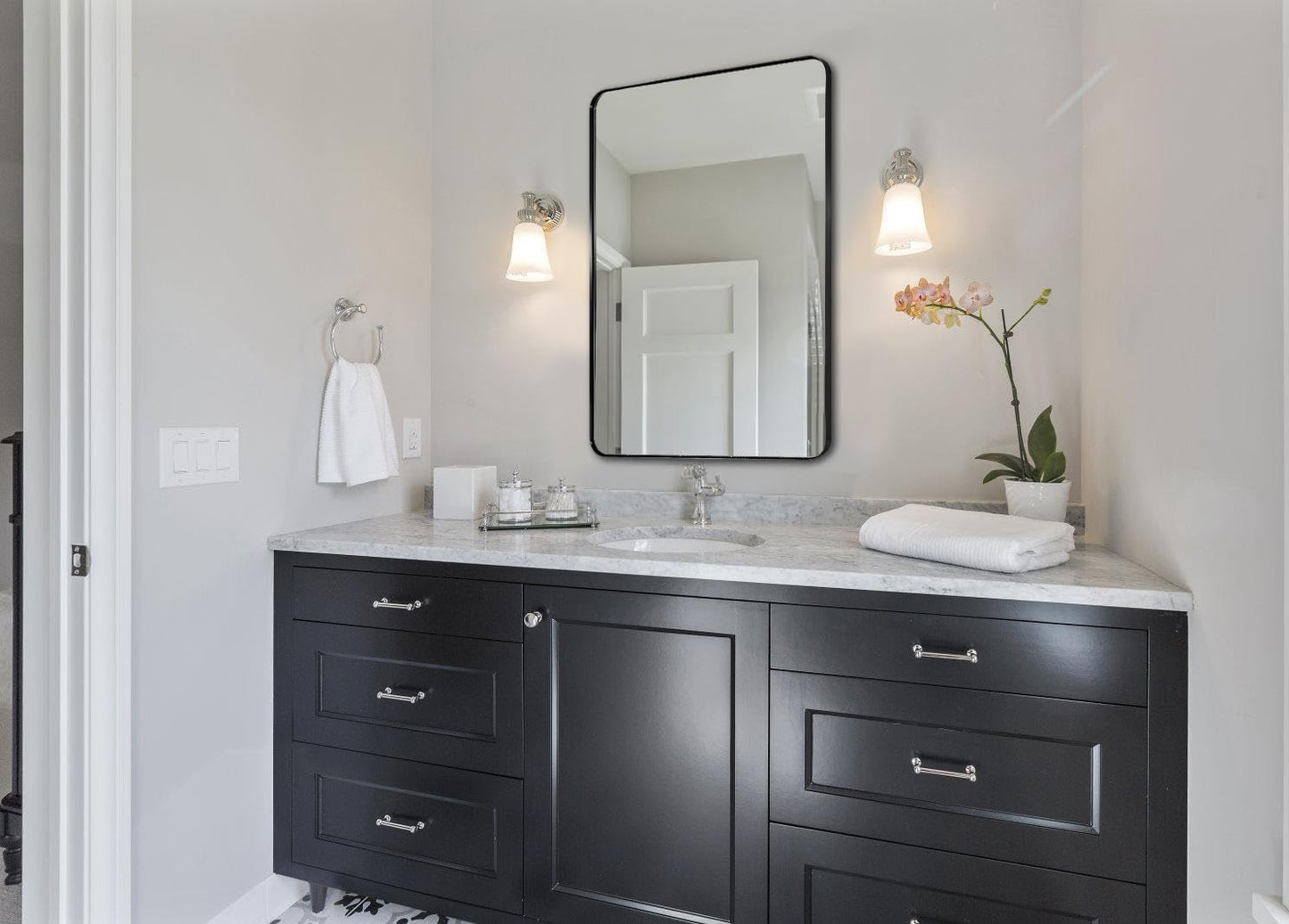 ANDY STAR Wall Mirror for Bathroom, 24x36 Matte Black Bathroom Mirror, Modern Stainless Steel Metal Frame with Rounded Corner, Rectangle Glass Panel Wall Mounted Mirror for Vanity