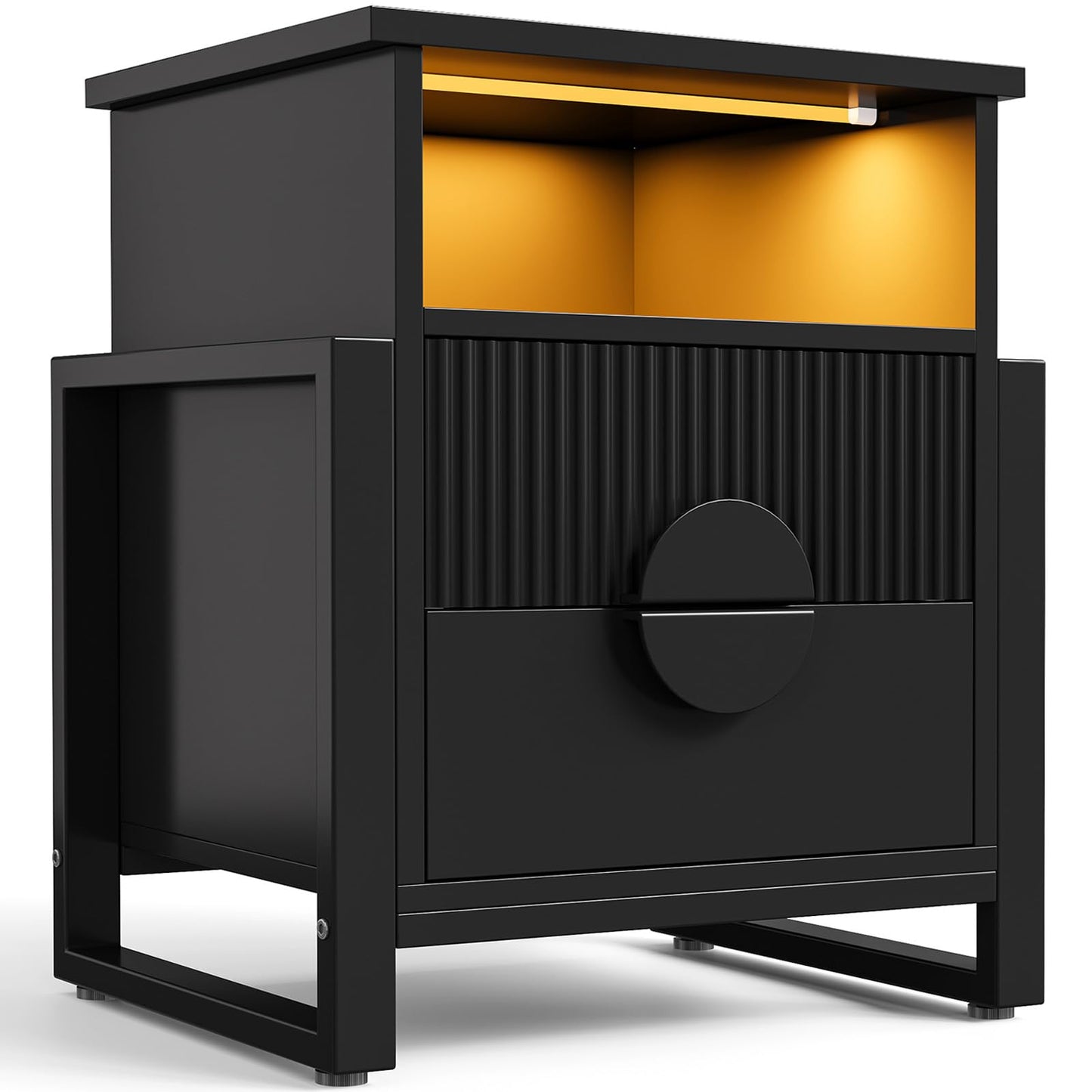 LGHM Fluted Nightstand with Strip Lights, Charger Station, Night Stand with 2 Drawers, Accent Bed Side Table and End Table,Curved Profile Design, Raising H Legs for Bedroom, Living Room,Black
