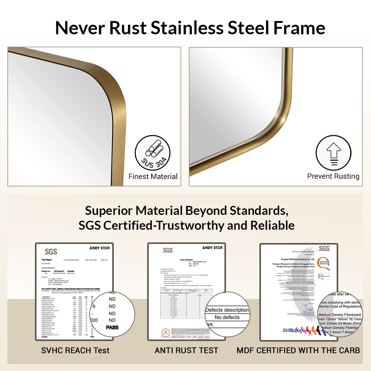 ANDY STAR 24x40 Inch Gold Bathroom Mirror, Stainless Steel Metal Frame with Rounded Corner, Rectangle Glass Panel Wall Mounted Mirror Decorative for Bathroom