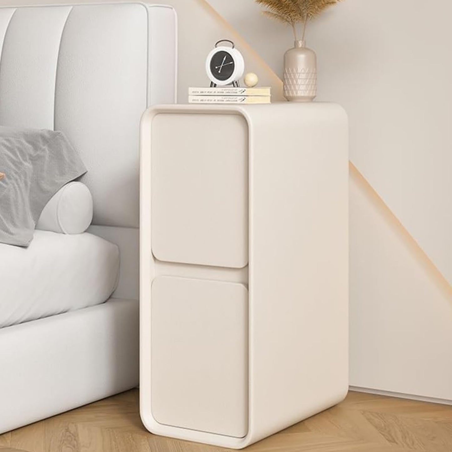 Narrow Nightstand with 2 Drawers, Wood Small Night Stand with Leather Surface for Bedroom, Small Side End Table, Modern Bedside Tables for Bedroom, White