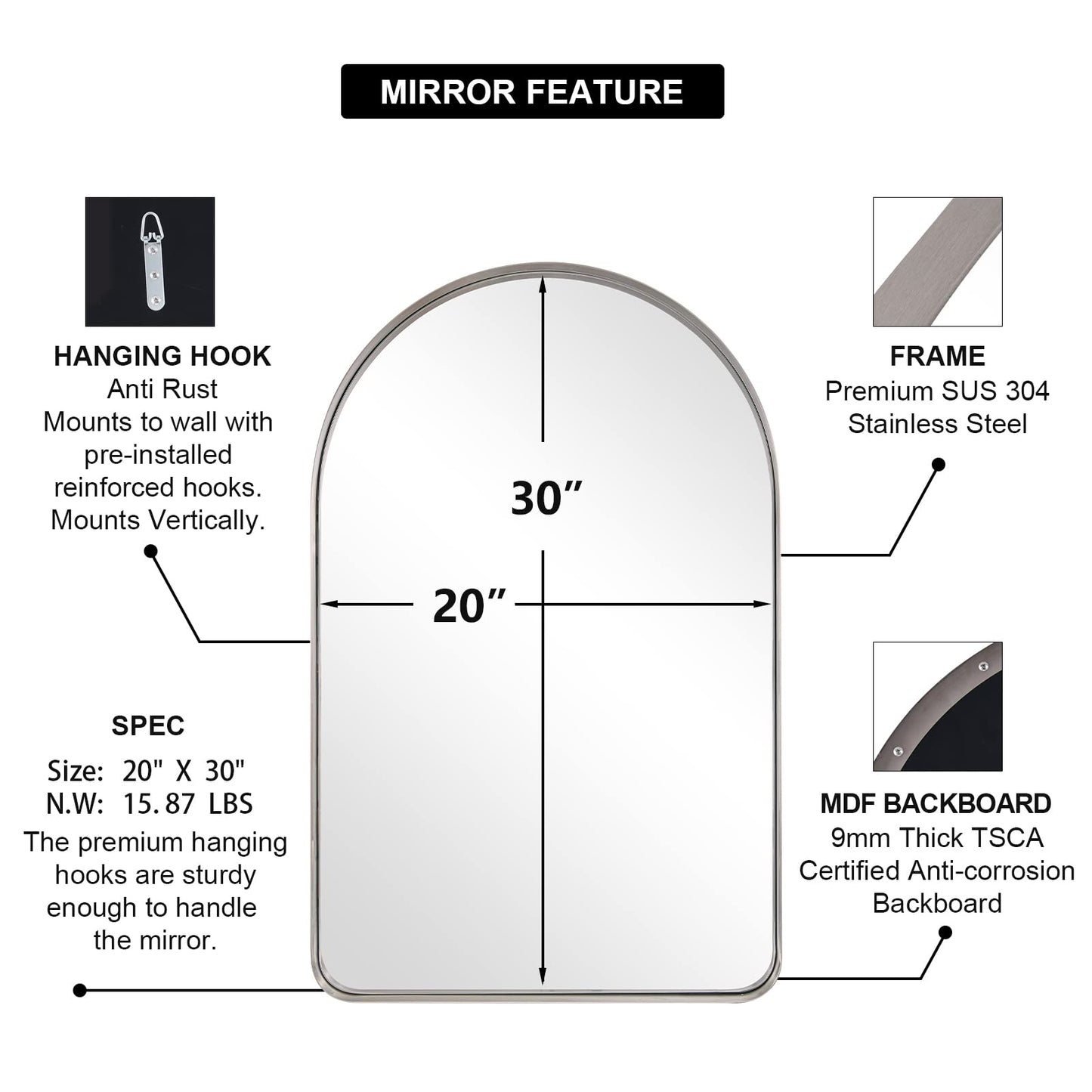 ANDY STAR Arched Mirror, 20" x 30" Brushed Nickle Bathroom Mirror in Stainless Steel Metal Frame, Arch Top Rounded Corner 1" Deep Set Design Wall Mount Hangs Vertical