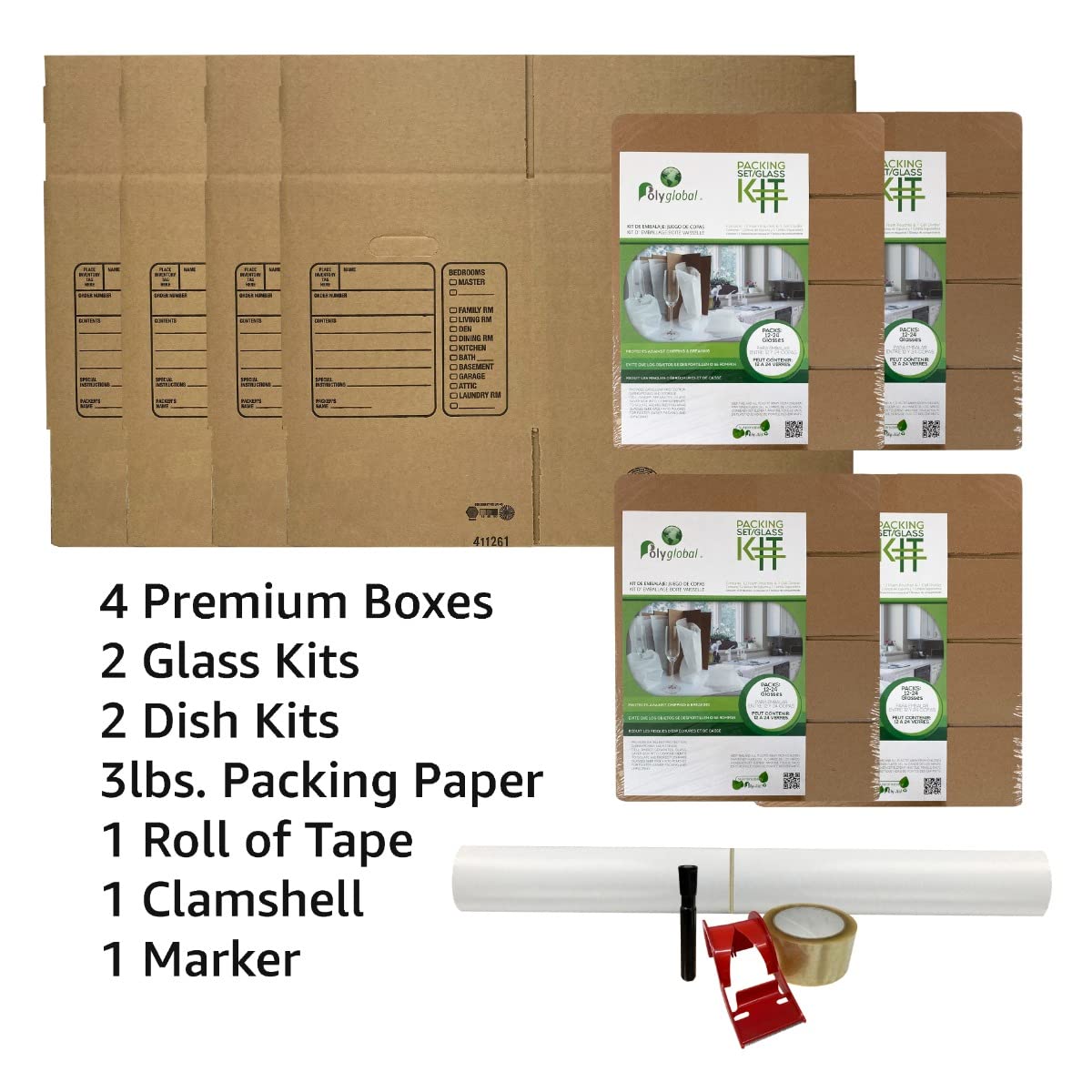 Kitchen Moving Box & Supplies Kit #1 4 Boxes with Dish/Glass Inserts