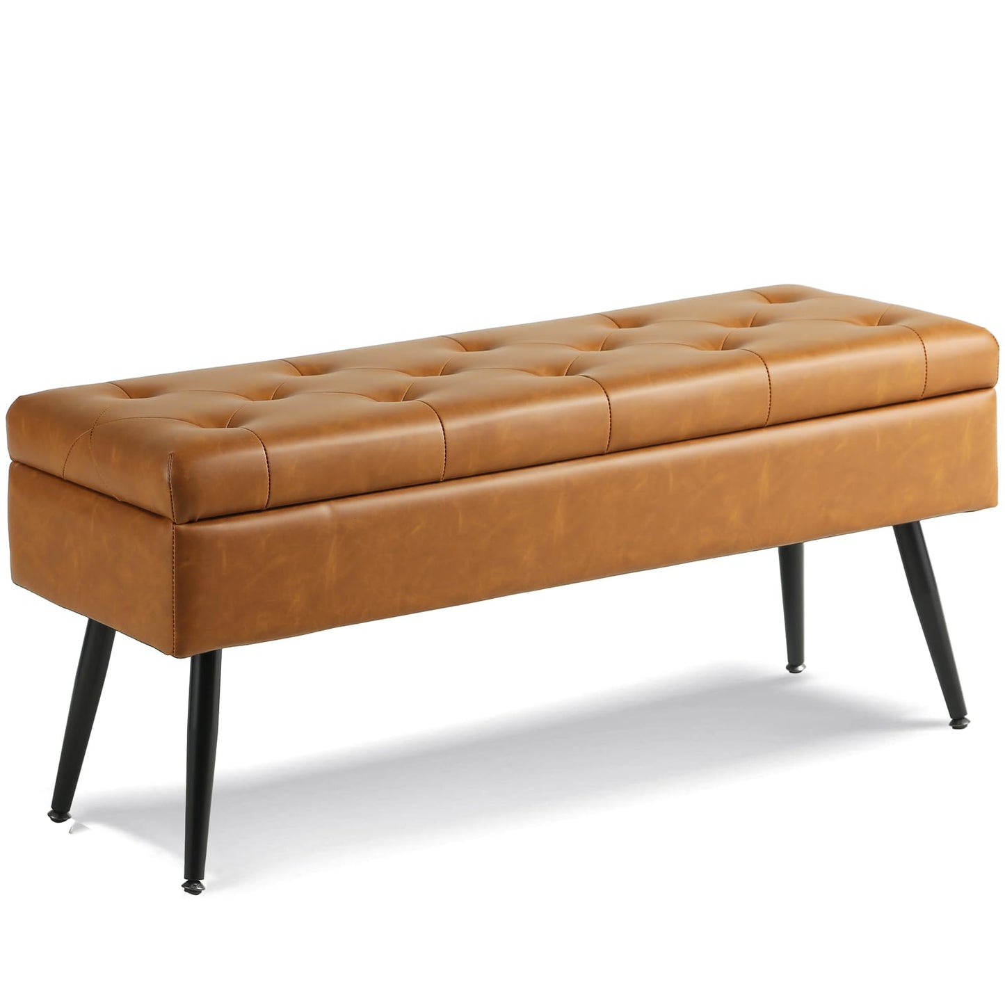 CUYOCA Storage Ottoman Bench, 40" Faux Leather Tufted Entryway Bench, Long Ottoman with Storage for Living Room, Support 660lbs - Cognac Brown