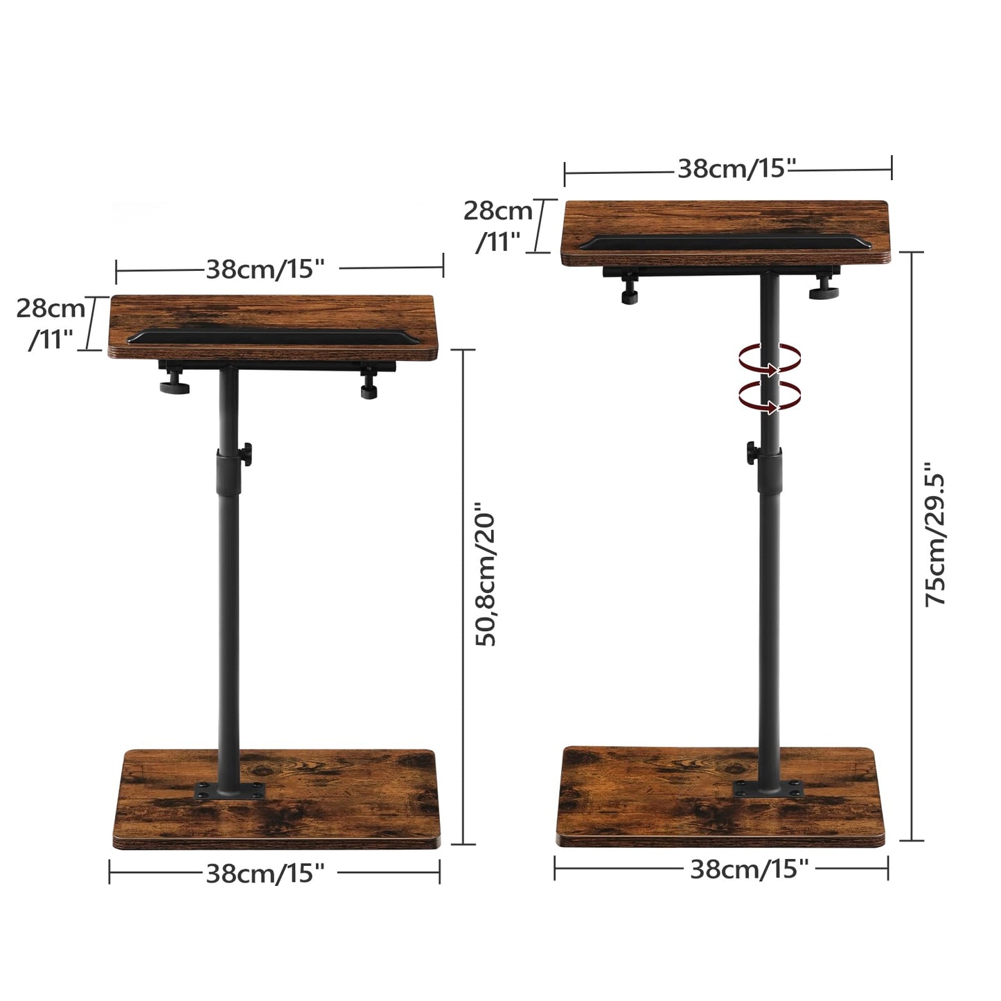 MAHANCRIS TV Tray Table, Sofa Armrest Tray Table for Couch, 360° Swivel Height Adjustable End Table, Snack Side Table with Phone and Tablet Slot, Rustic Brown ETRB4501