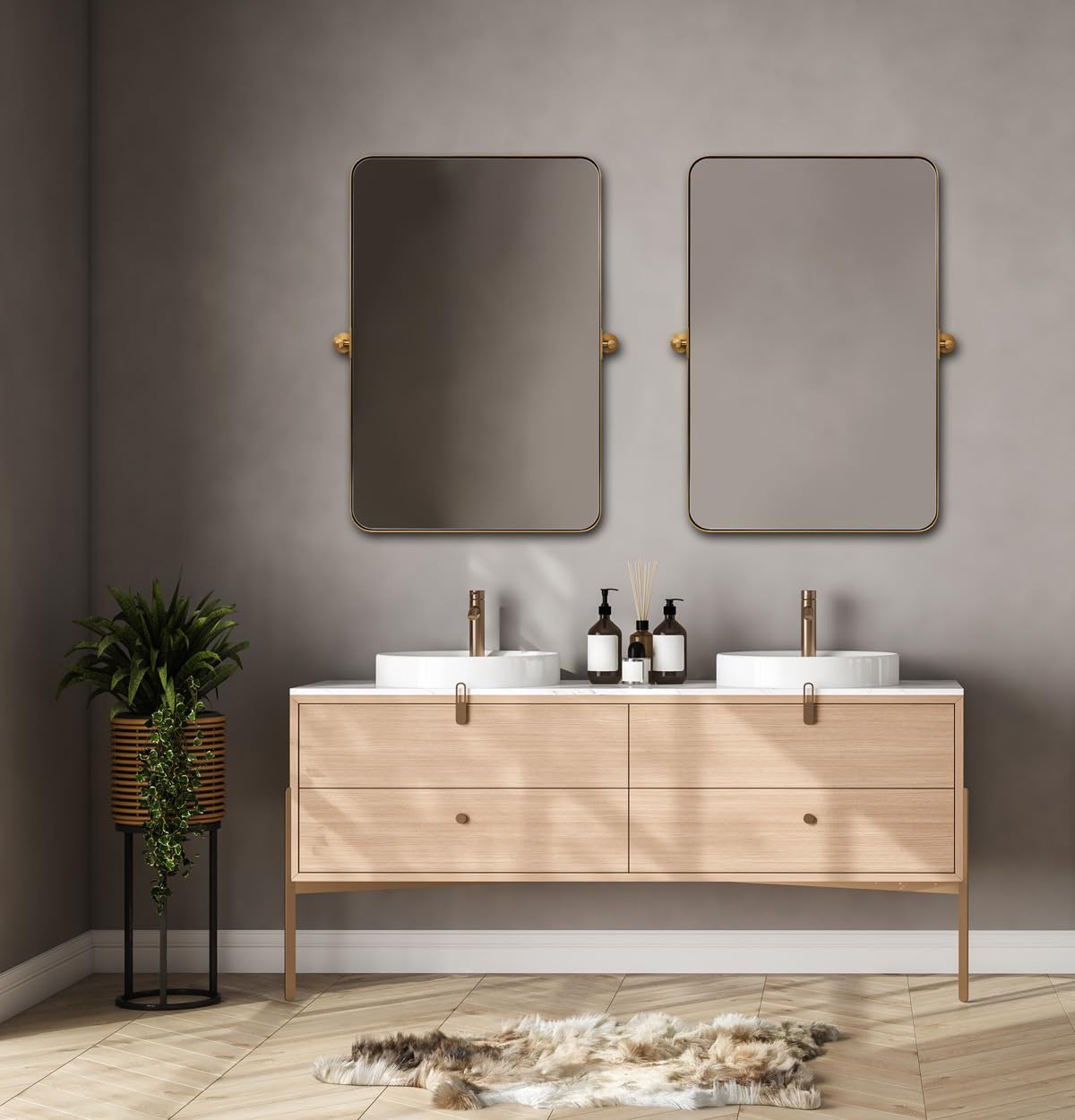 ANDY STAR 28"x36" Brushed Gold Bathroom Mirror for Wall, Brass Metal Framed Pivoting Bathroom Vanity Mirror with Rounded Corner, Tilt Rectangle Wall Mirrors Hangs Vertically Only(Overall 31.75" x 36")
