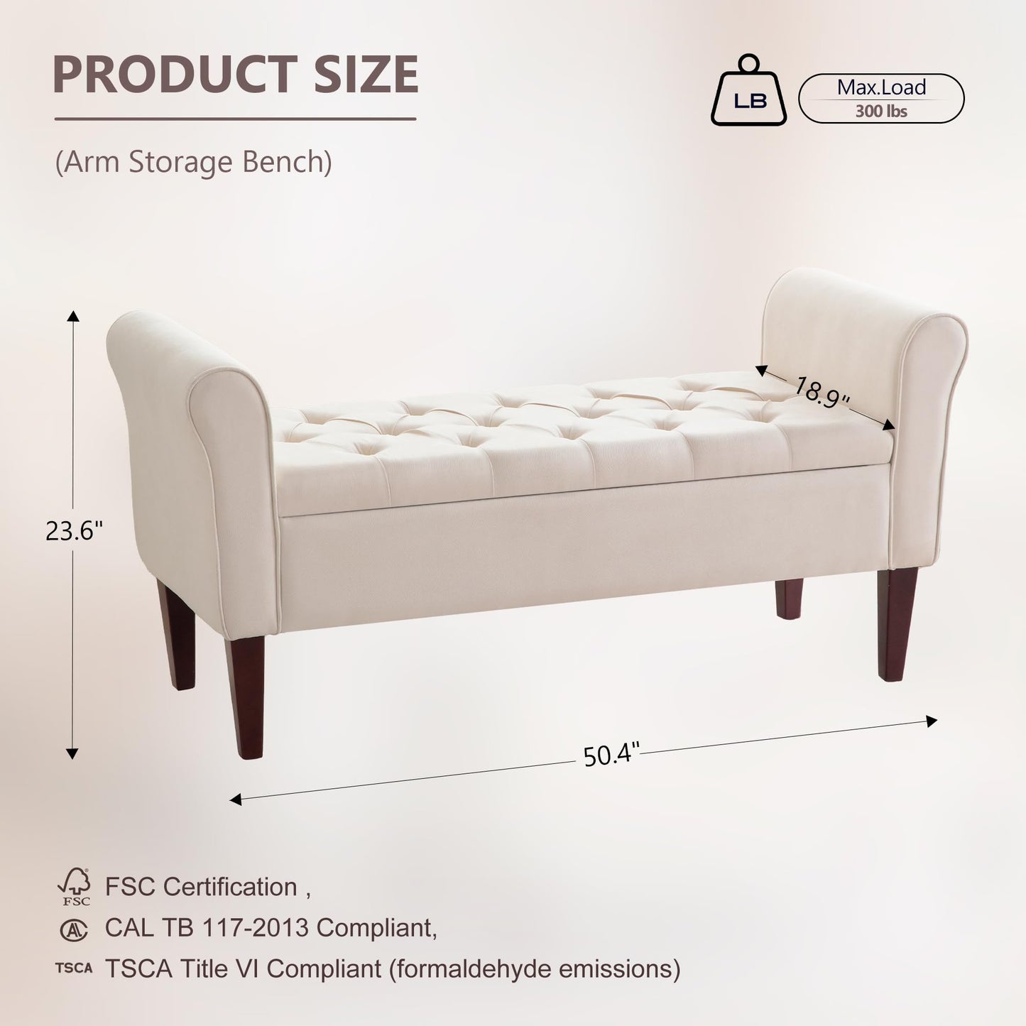 HUIMO 50.4" Arm Storage Bench with 7.5-inch Solid Wood Legs, Button-Tufted Storage Ottoman, Upholstered Window Sitting Bench for Bedroom,End of Bed Bench Indoor, Living Room, Entryway (Beige)