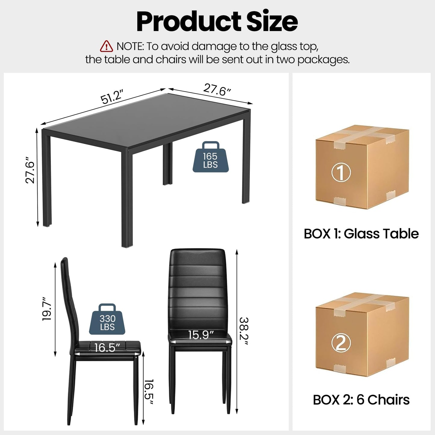 DKLGG 7-Piece Dining Table Set for 6, Tempered Glass Kitchen Table with PU Leather Chairs, Modern Dining Room Table Set for Small Space, Dinette, Apartment, Black
