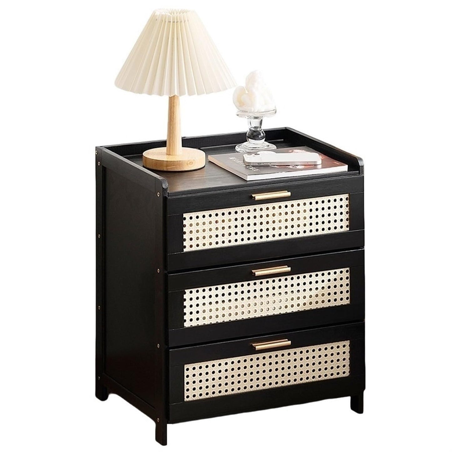 Boho Nightstand, End Table for Bedroom,Rattan Nightstand End Table,3Drawers Storage Ideal for Living Room and Small Space (Brown), for Home(Black)
