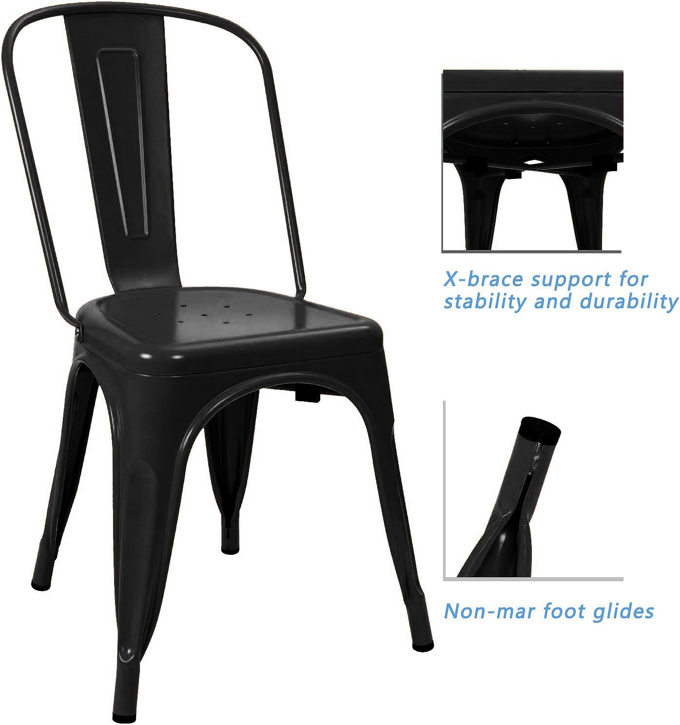 Devoko Metal Indoor-Outdoor Chairs Distressed Style Kitchen Dining Chairs Stackable Side Chairs with Back Set of 4 (Black)