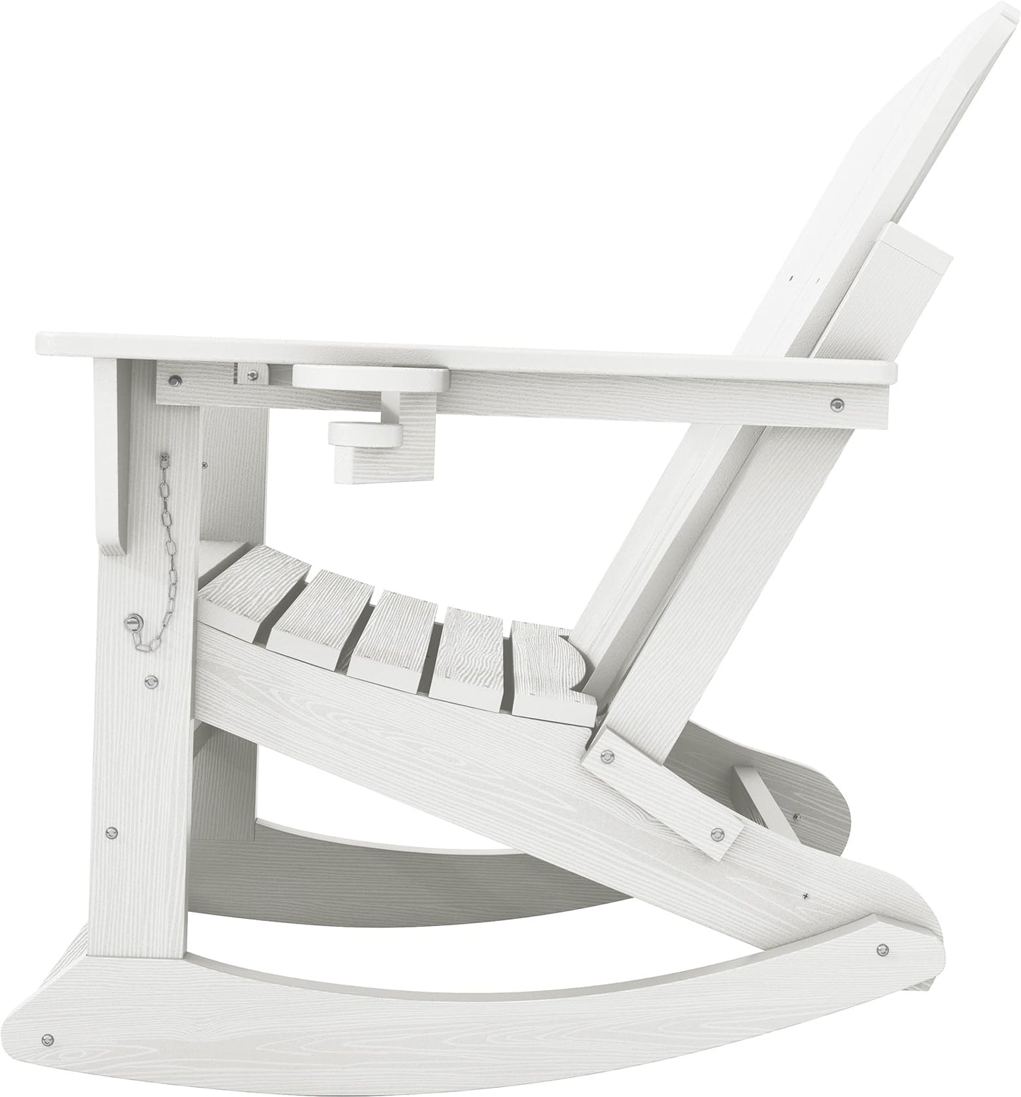 KINGYES Adirondack Rocking Chair with Retractable Ottoman and Cup Holders, HDPE Adirondack Rocker Patio Rocking Chair for Porch, Patio, Balcony, White
