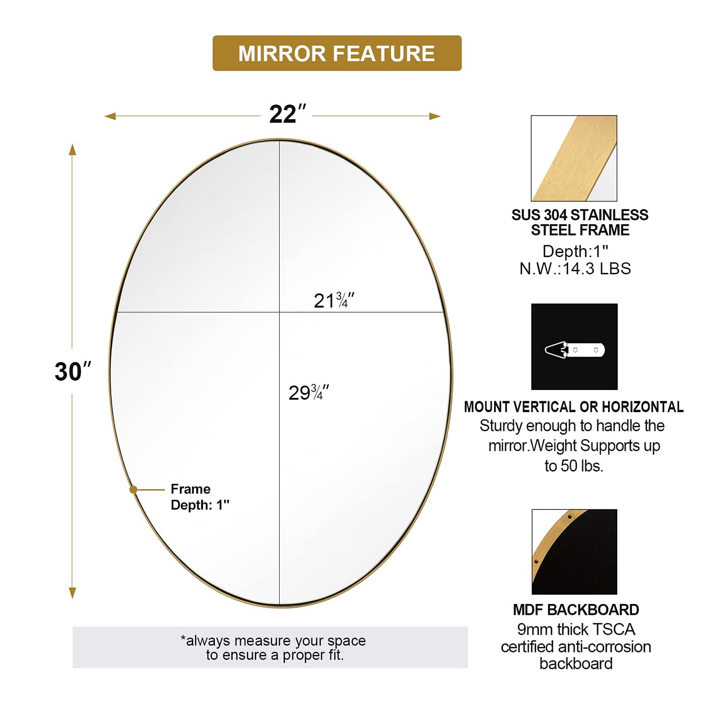 ANDY STAR Oval Gold Mirror, 22x30'' Brushed Gold Oval Mirror for Bathroom, Oval Wall Mirror for Btahroom Gold Vanity Mirror in Stainless Steel Frame Wall Mount Horizontal or Vertical