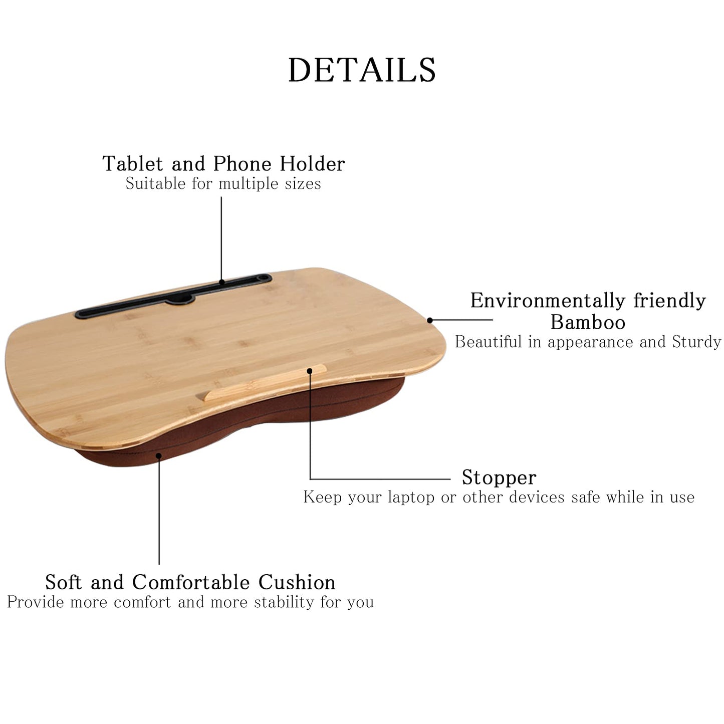 SUMISKY Lap Desk-Portable Laptop Table with Cushion Bamboo Platform Phone Holder L(21.6"x13.8")