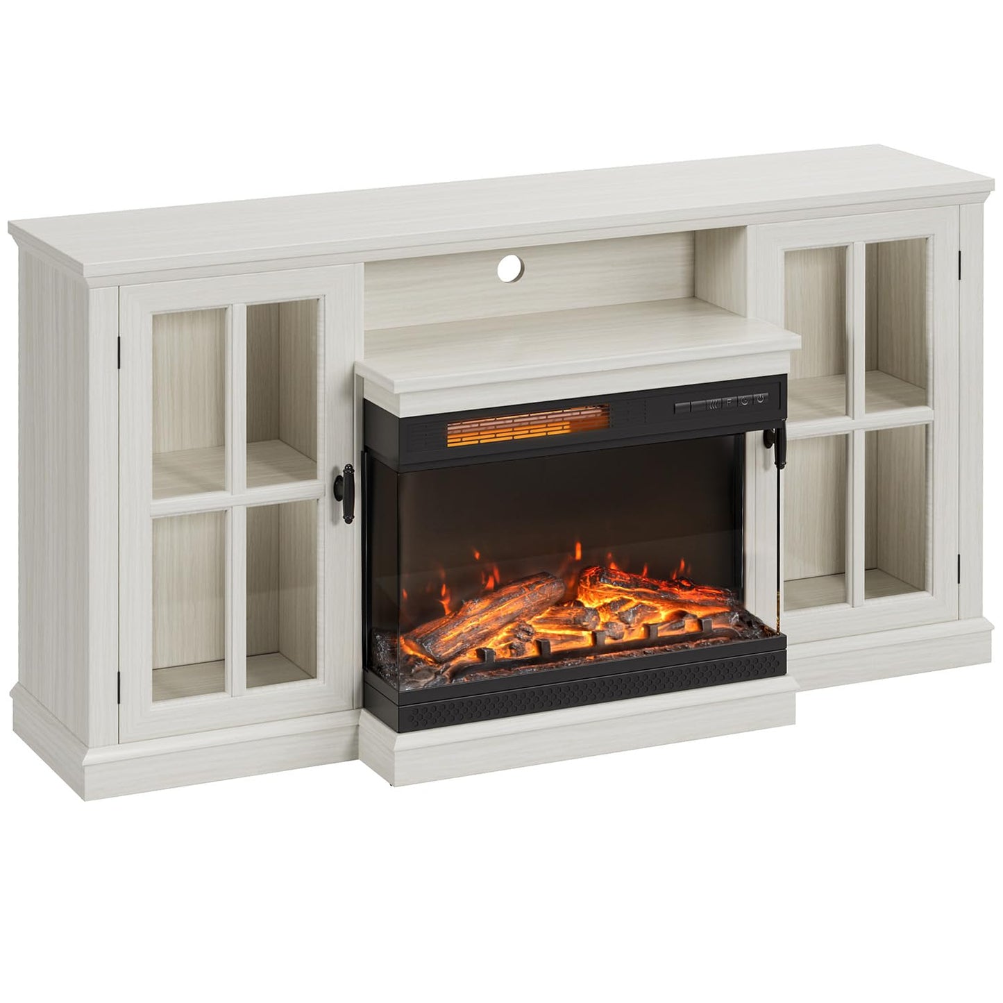 JUMMICO Fireplace TV Stand for TVs up to 65'', 3-Sided Glass Media Entertainment Center Console Table with Cabniet Storage Adjustable Flame LED Color for Living Room (Distressed White)