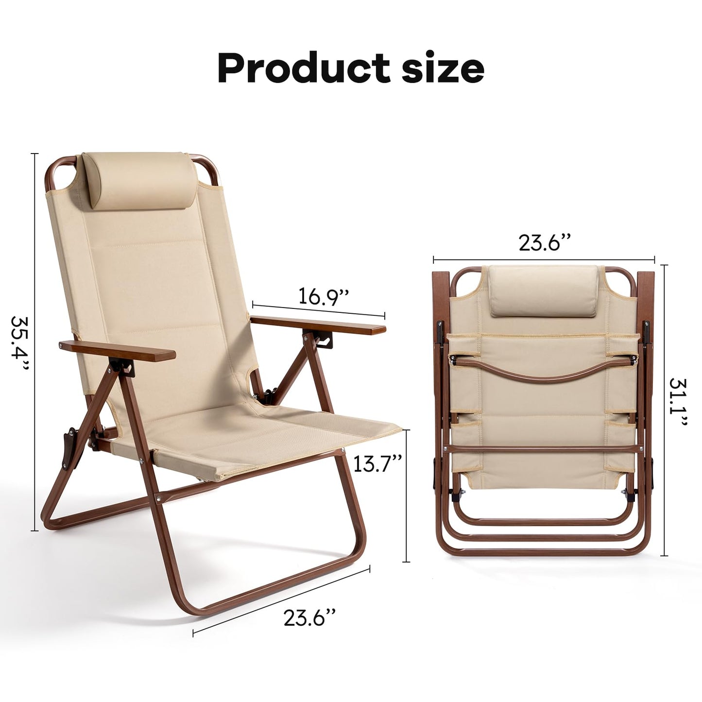 LUCKPRO Folding Beach Camping Chair with Pillow for Adults - 3 Position Recliner Portable Camping Chairs Compact Fold Extra Wide Seat Outdoor Folding Chairs for Backyard, Patio Chairs & Travel