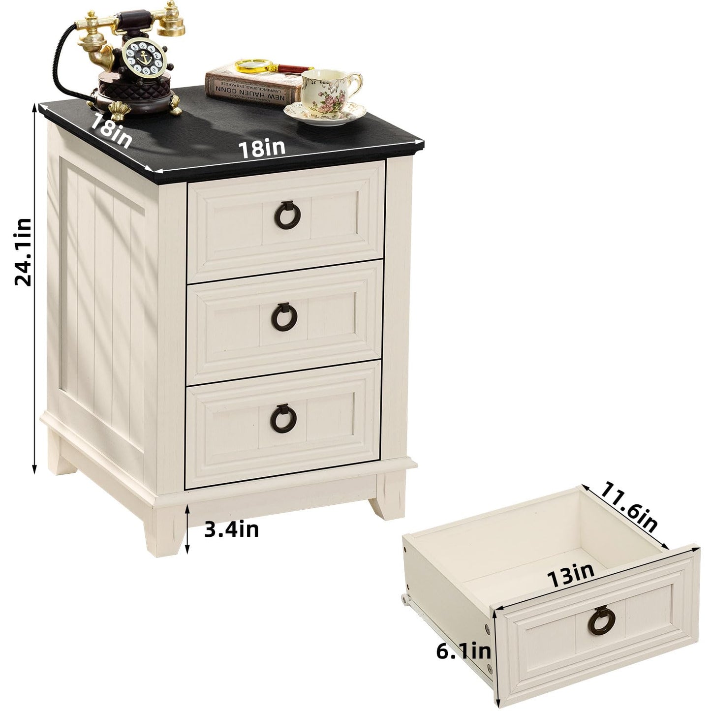 Joaxswe Farmhouse Night Stand Set of 2, 18" End Table with 3 Drawer Metal Handle, Dresser for Bedroom, Sofa Bed Side Table Chest of Drawers,Wood Nightstand Cabinet for Organizer, Living Room-White