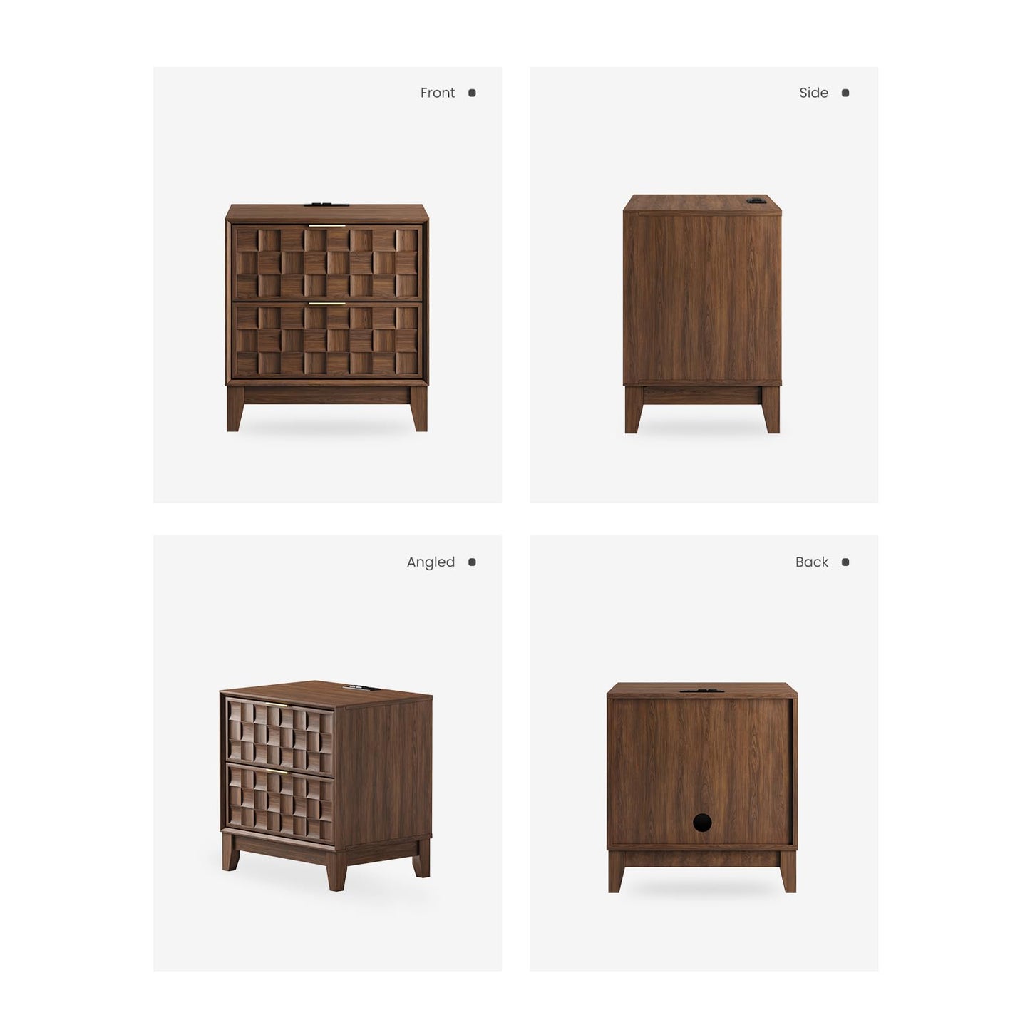 COLAMY Nightstand with Charging Station, 22" Modern Bed Side Table with 2 Storage Drawers and Chessboard Relieffor Bedroom, Dorm and Small Spaces - Walnut