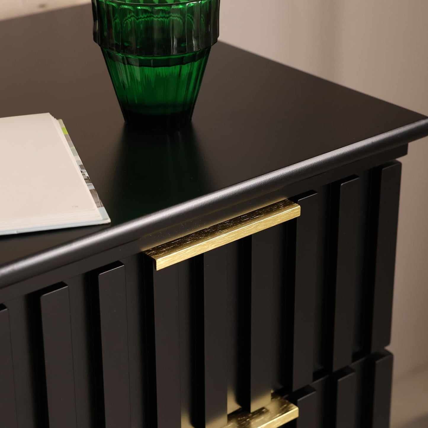 LAZZO 3 Drawer Dresser, Wood Dresser Tall with Fluted Drawer Fronts, Golden Handles and Spacious Top Narrow Small Space Storage Chest Modern Storage Cabinet for Living Room, Bedroom and Closet Black