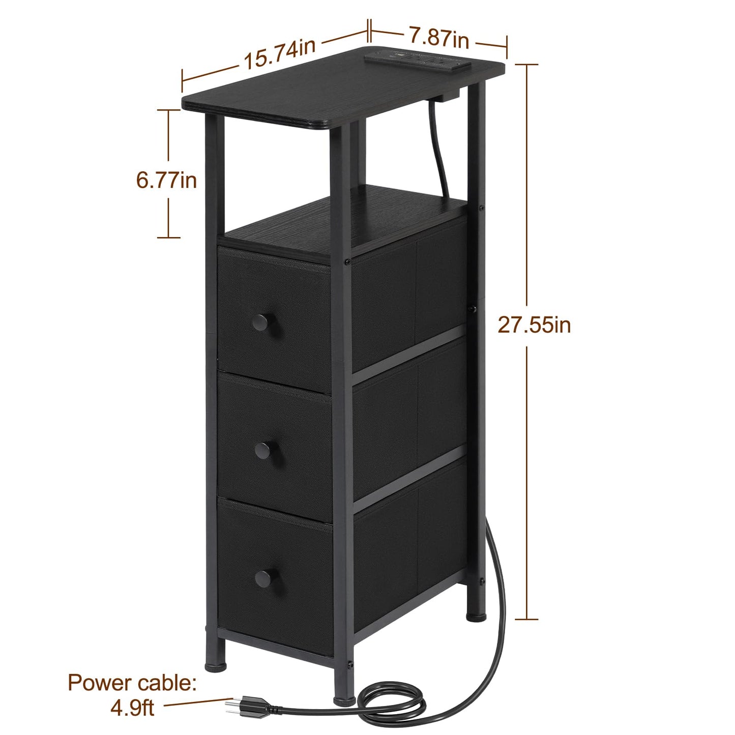 LOAKEKEL Narrow End Tables Living Room Set of 2 with Charging Station, Skinny Side Table with Fabric Drawers, Slim Nightstand for Bedroom, Small Spaces, Couch, Black, HETNDP03BK