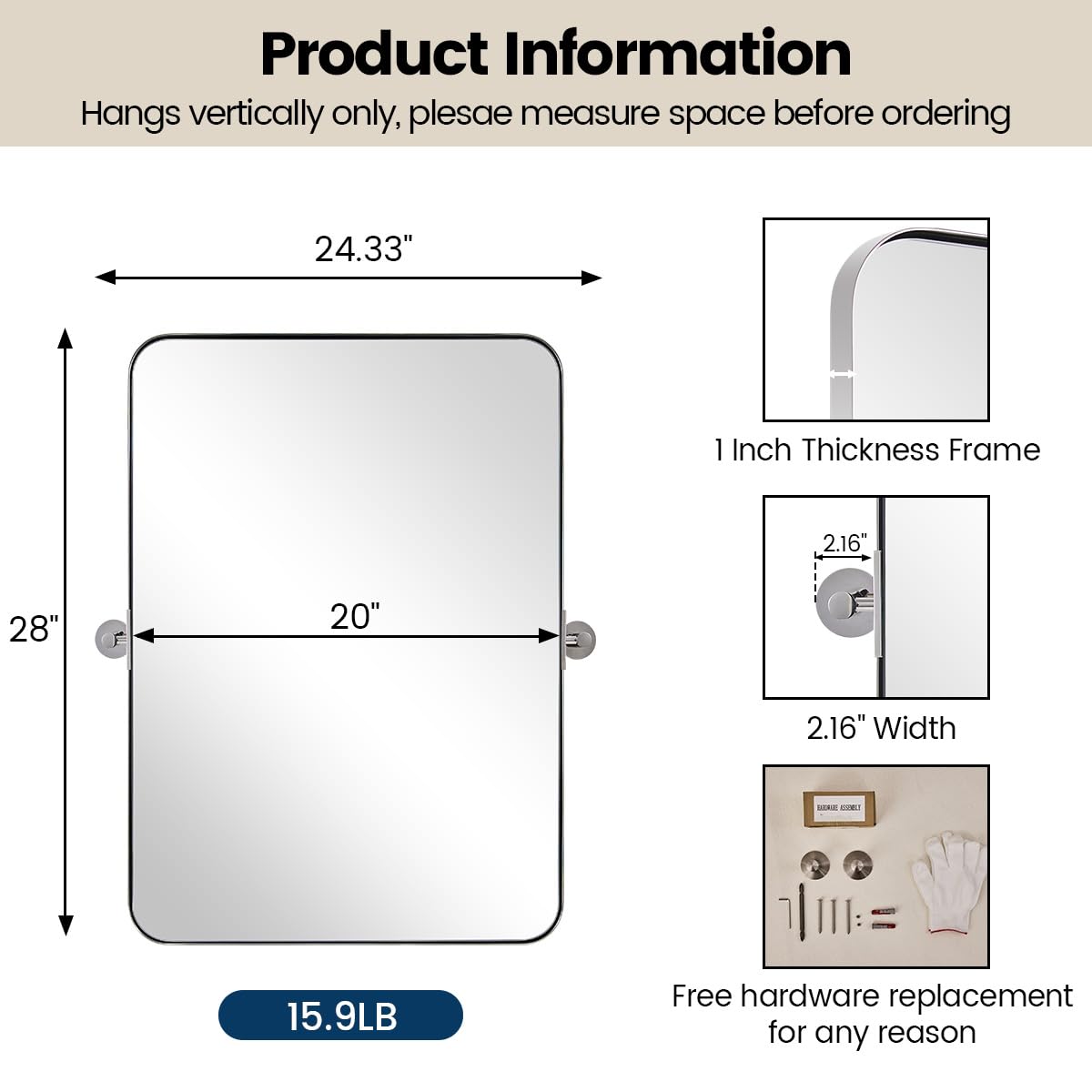 MOON MIRROR Polished Chrome Pivot Mirror for Bathroom, Tilt Bathroom Vanity Mirror,Rounded Rectangle Pivoting Mirror, Overall 24.33 x 28 inches(Mirror 20 x 28 inches)