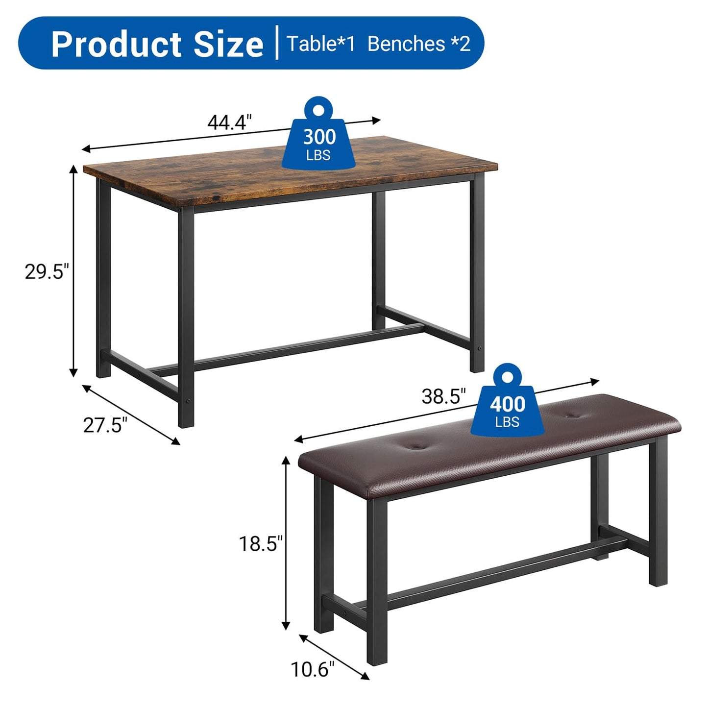 GarveeHome Dining Table Set for 4, Kitchen Table with 2 Upholstered Benches, Wood Kitchen Dining Room Set, for Small Space, Apartment, Home, Dinner, Retro Brown