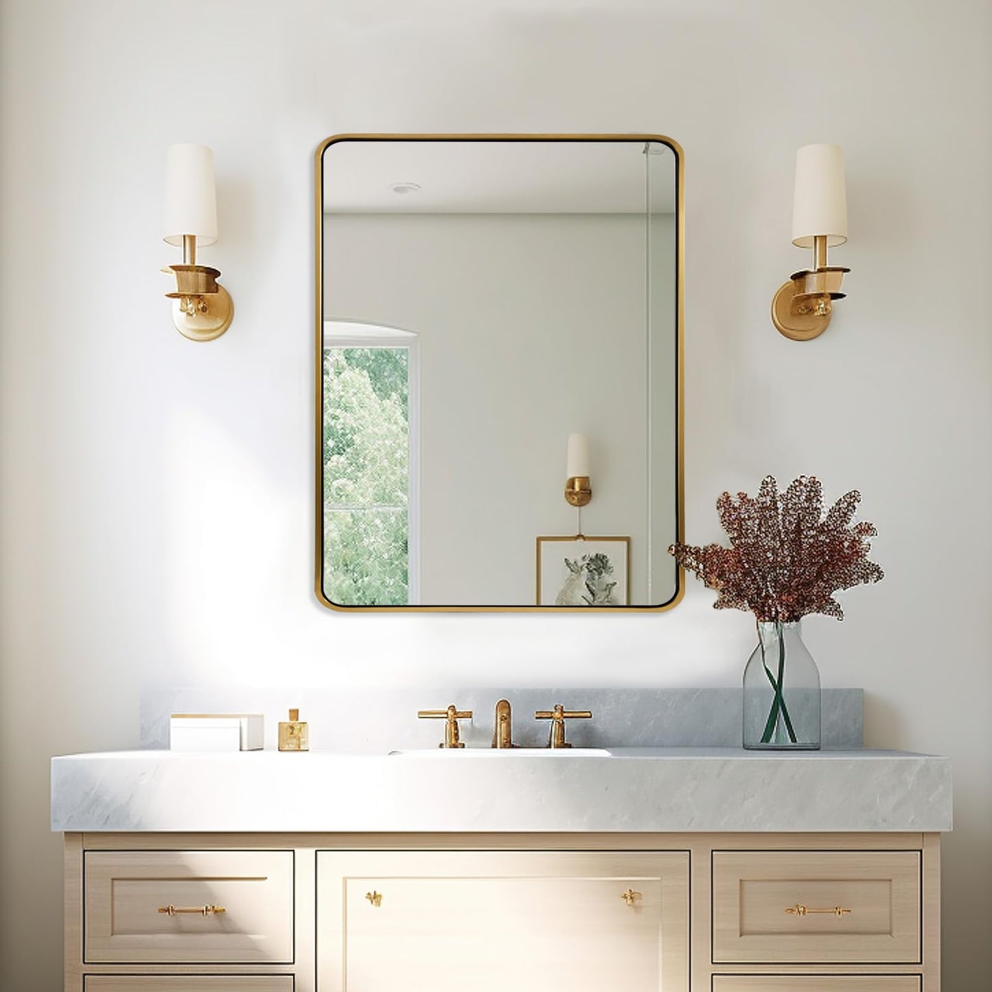 ANDY STAR Brushed Gold Mirrors for Bathroom, 24x36’’ Rounded Rectangle Mirror, Modern Brass Bathroom Vanity Mirror Non-Rusting Metal Tube Framed 1’’ Deep Wall-Mounted Mirrors Vertical/Horizontal