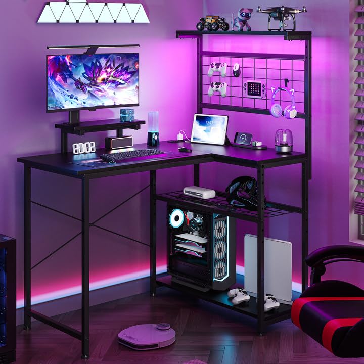 OtterOasis L Shaped Gaming Desk, Reversible Computer Desk with 4-Tier Shelves, Corner Desk with Pegboard, Home Office Desk with LED Lights & Power Outlets Gaming Desk with Storage, Black