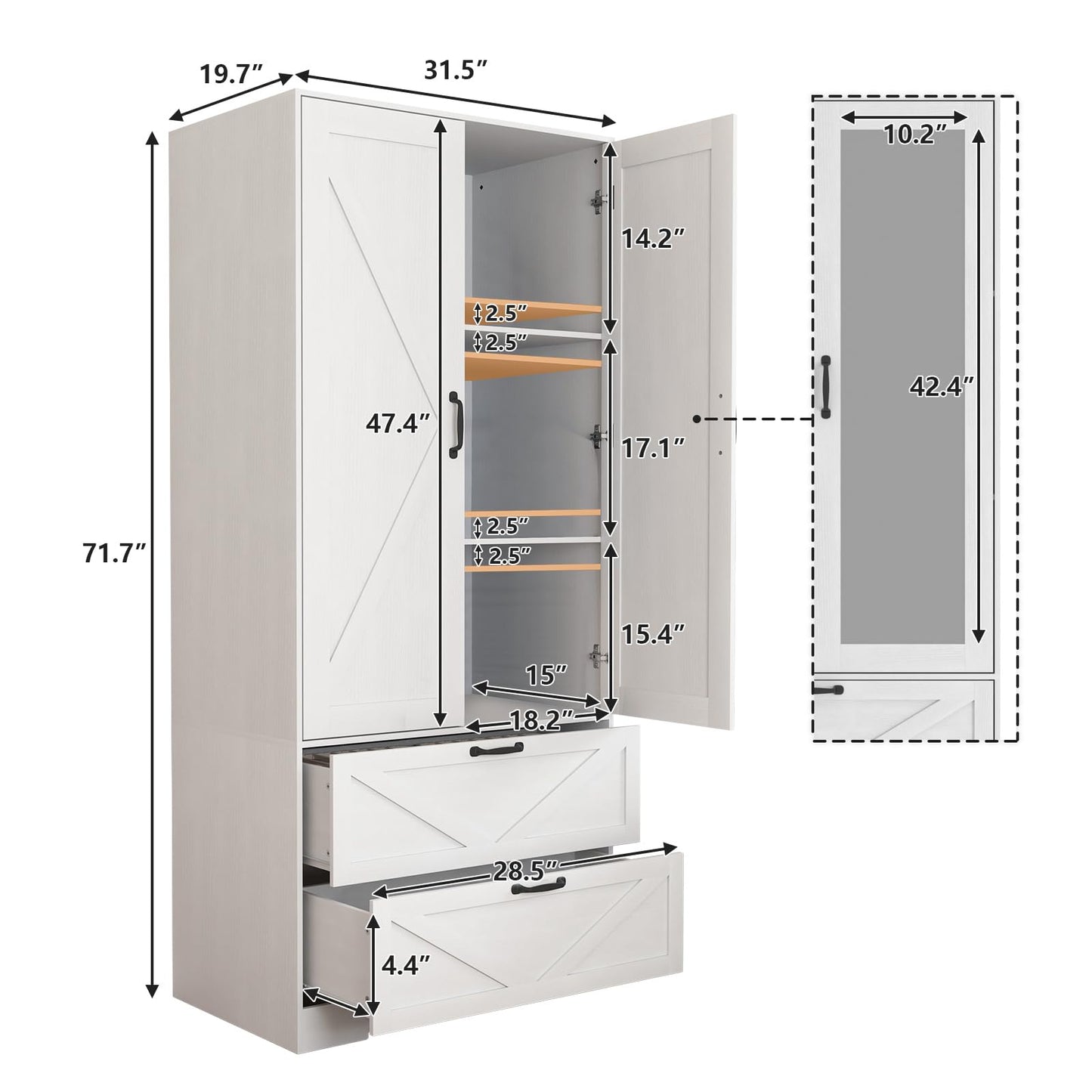 UZUGUL Armoire Wardrobe Closet with Mirror and 2 Drawers, 72'' Bedroom Armoire Wardrobe Cabinet with Hanging Rod and Light,Wooden Bedroom Closet with Adjustable Shelf