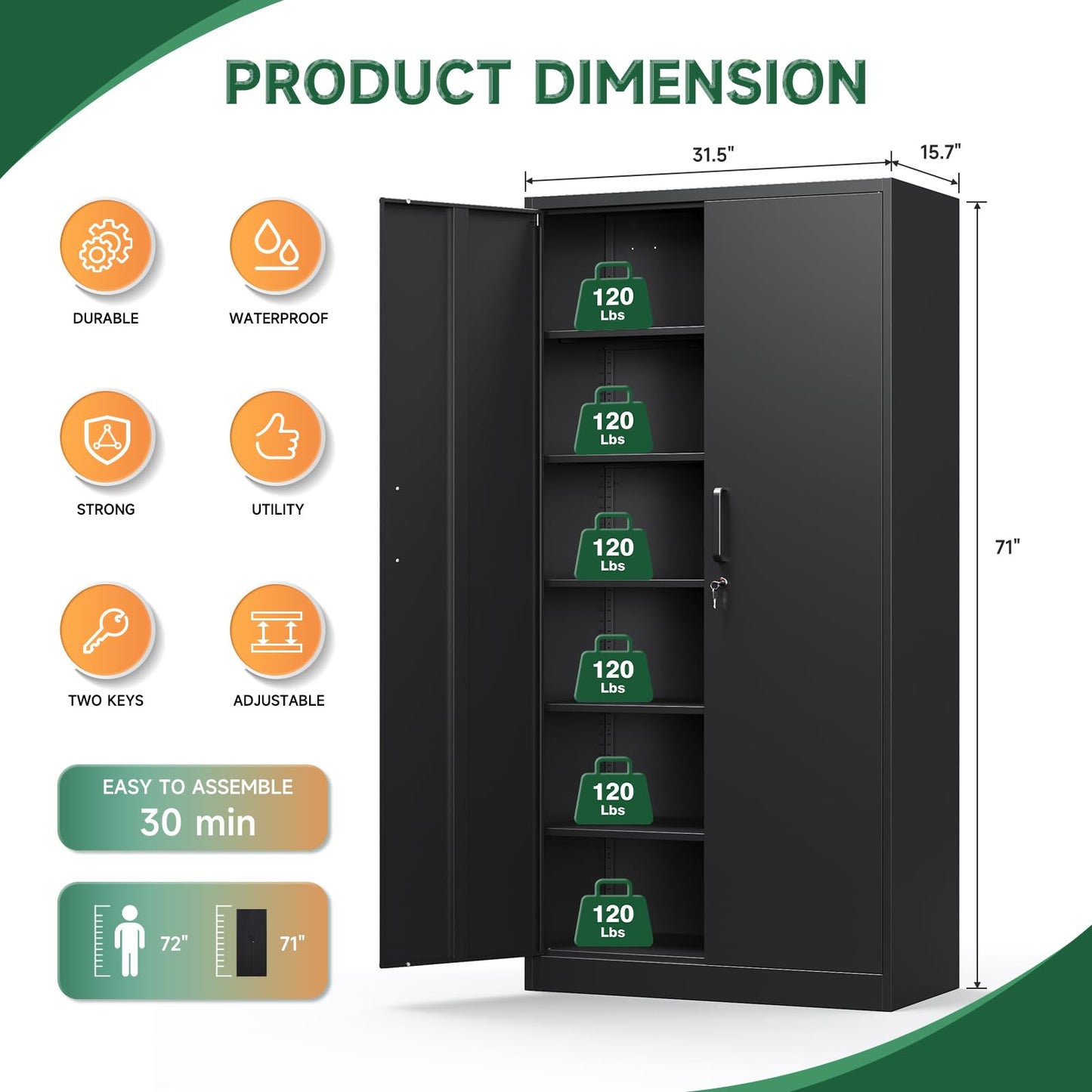Letaya Metal Storage Cabinets with Lock Doors,Tall Locker Organizer Steel Garage Cabinets, 5 Adjustable Layers Shelves for Home, Office, Warehouse,Tool,Industrial(Black)