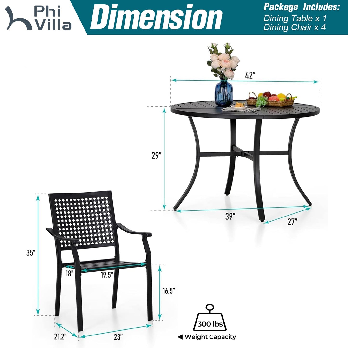 PHI VILLA 5 Pieces Outdoor Round Dining Set for 4, Steel Circle Table with Umbrella Hole & Stacking Wrought Iron Chairs, Morden Dining Furniture Set for Patio, Deck, Yard, Porch
