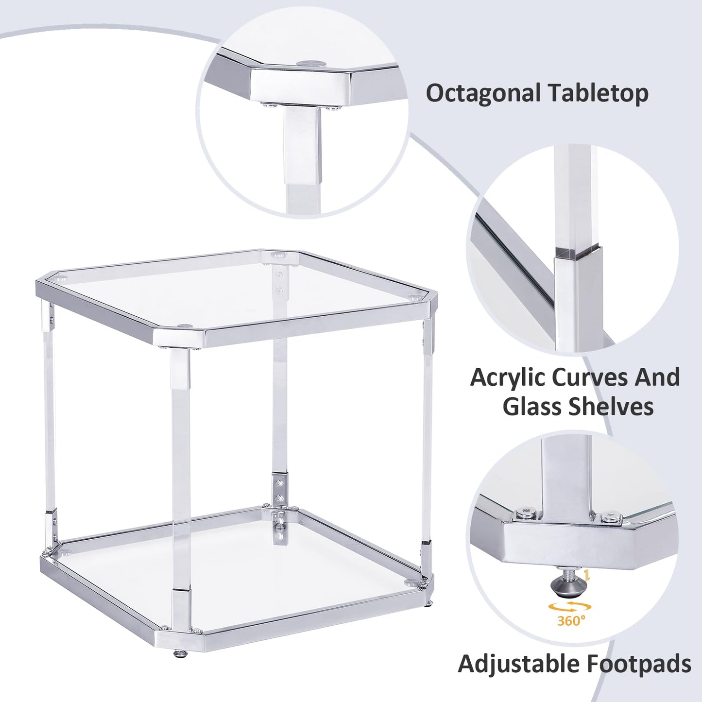 MINPINSER Glass Top Side Table - Silver Square Glass Top End Table Clear Acrylic Nightstand for Living Room Bedside Bedroom
