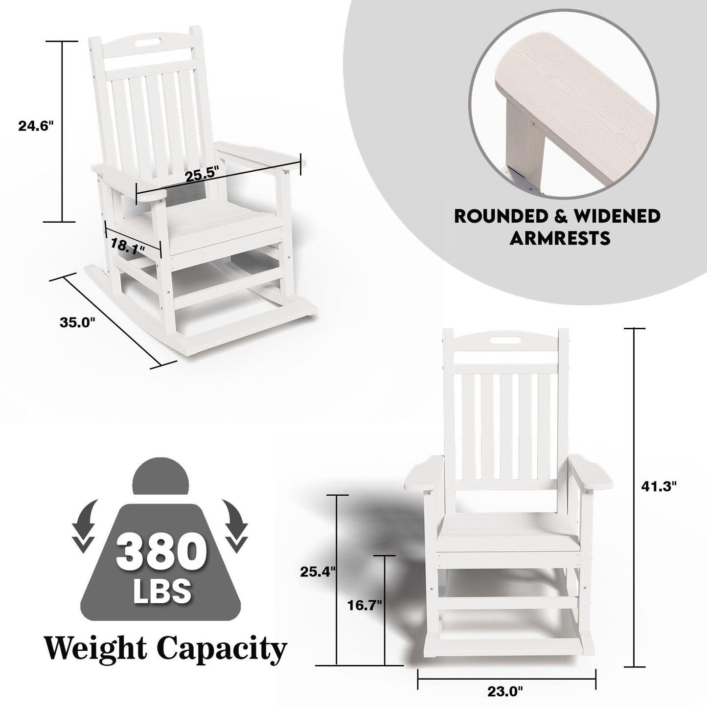 PLUUV Outdoor Rocking Chair, HDPE Patio Rocking Chairs with Footboard, All Weather Porch Rockers Outdoor for Adult, Effortless Installation, White