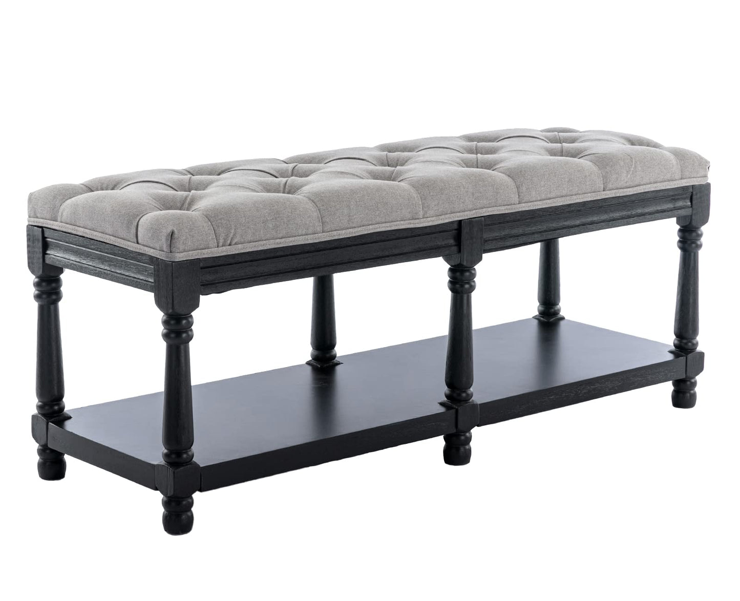 Kmax Storage Entryway Bench Tufted Shoe Rack Bench Black Wood Window Bench for Hallway Entrance Bedroom Corner, Grey