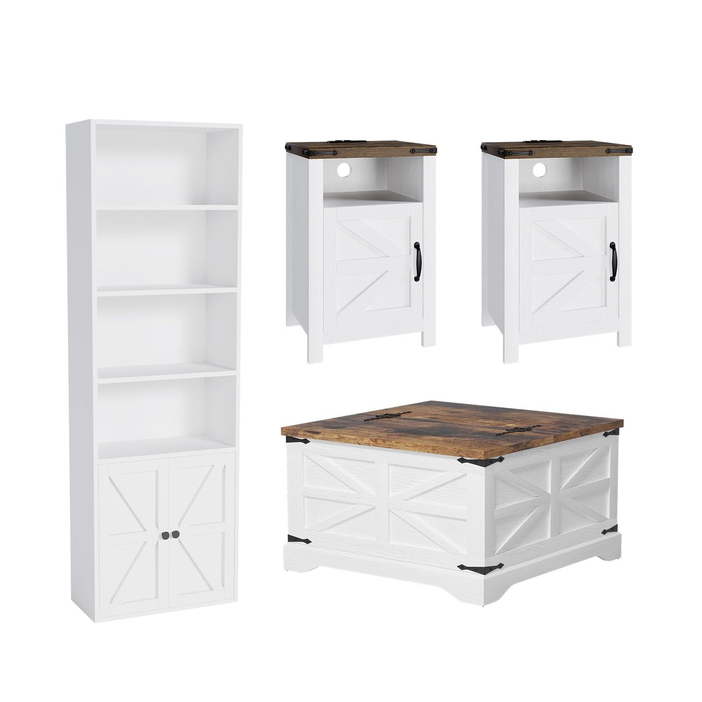 oneinmil 4-Piece Farmhouse Living Room Table Set with 1 Coffee Table, 1 Bookcase & 2 End Tables, Charging Station & USB Ports, Distressed White