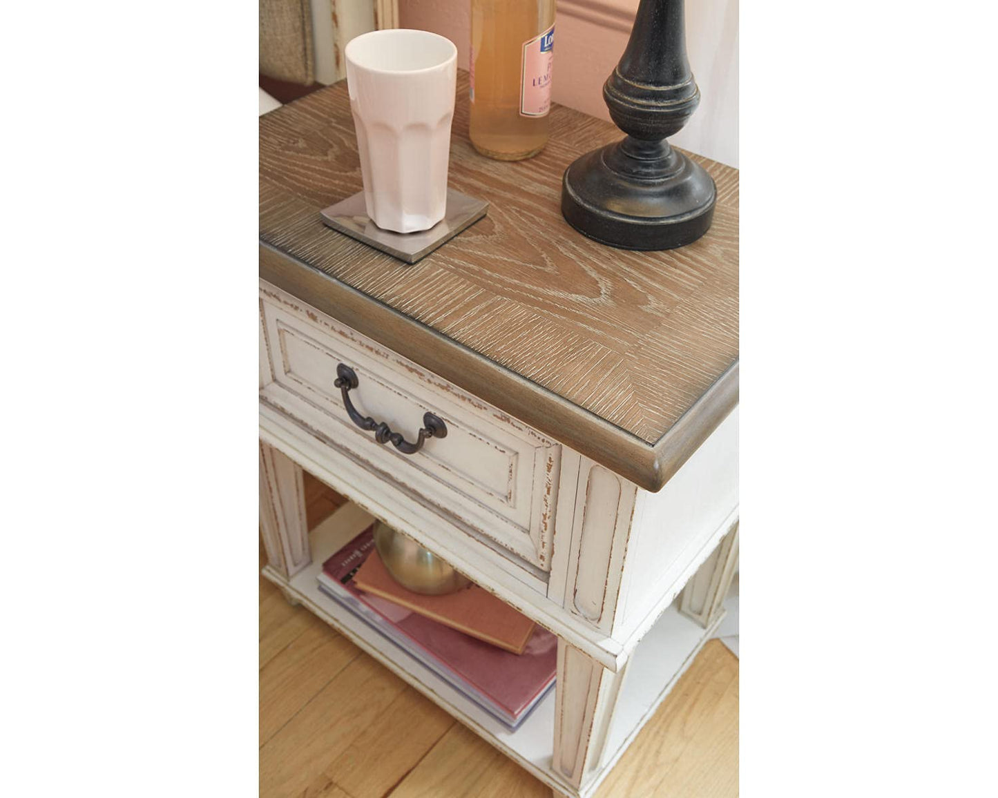 Signature Design by Ashley Realyn Traditional Cottage 1 Drawer Nightstand with Dovetail Construction & Open Display Shelf, Chipped White, 27" Tall, Distressed Brown