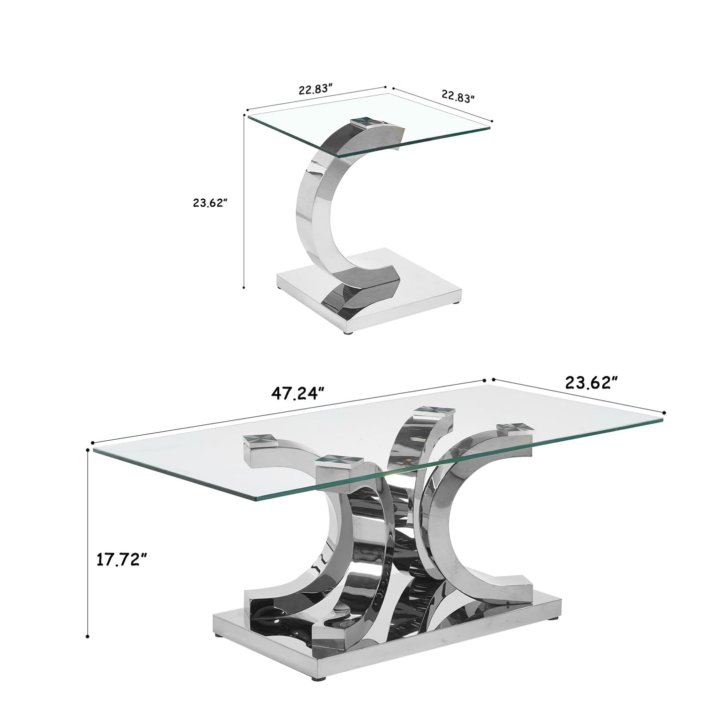 Modern Silver Glass Coffee Table Set of 3, Clear Glass Coffee Table and 2 End Side Table Set with Stainless Steel Frame, Luxury Silver 3 Piece Living Room Table Set for Home Office Apartment