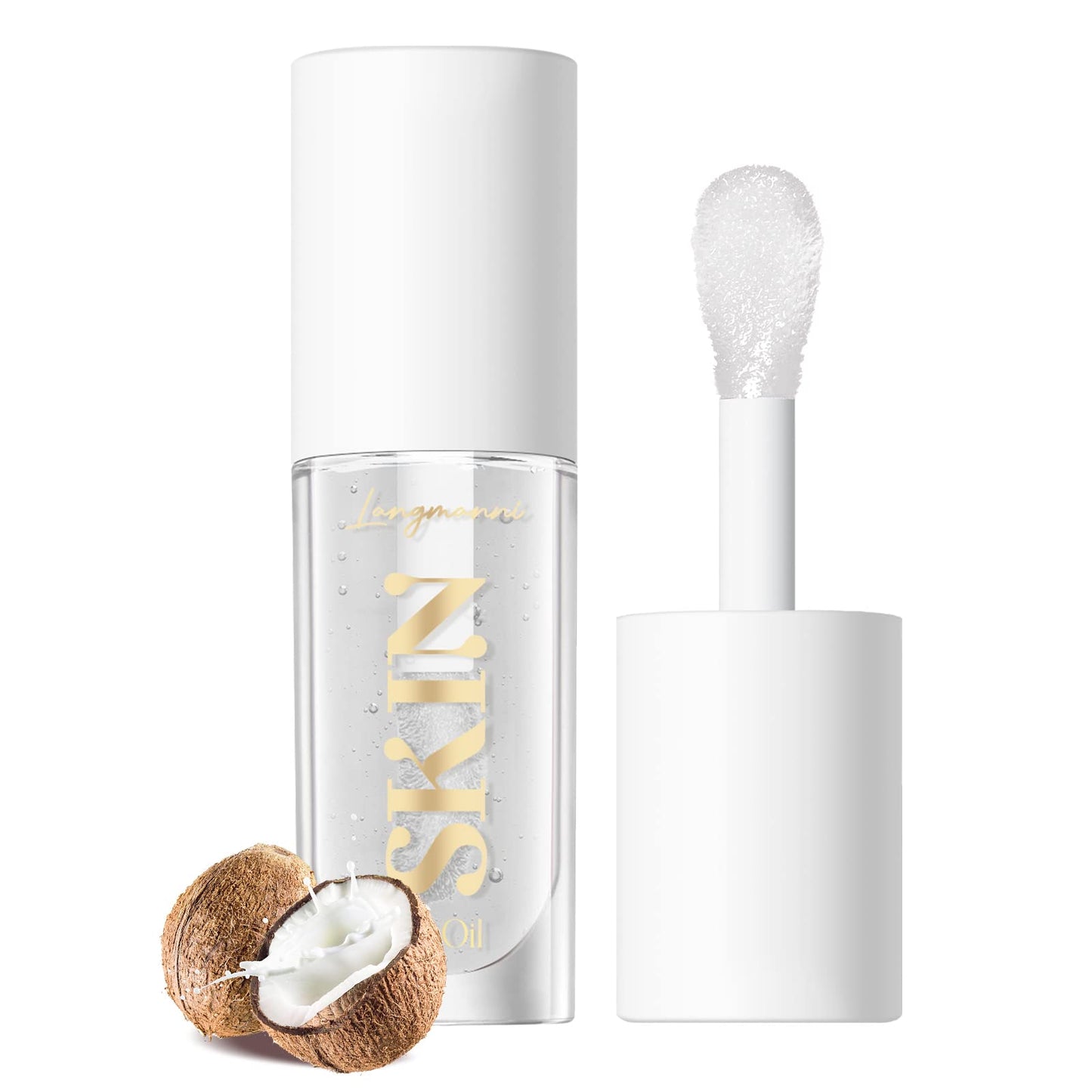BANGFENG Big Brush Head Hydrating Lip Glow Oil Plumping Lip Tint, Transparent Lip Care Lip Gloss Tinted Lip Balm, Moisturizing Non-sticky Shiny Texture Lip Oil - Coconut (Clear)