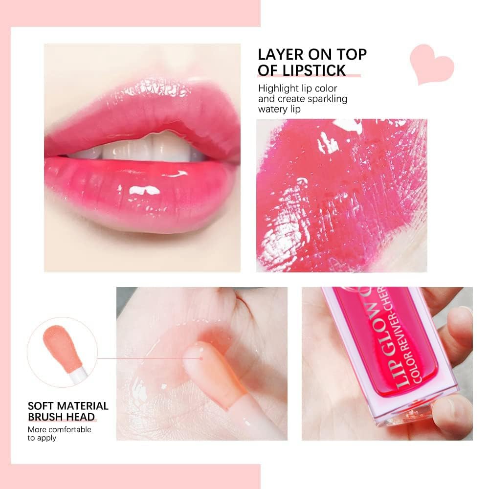 Hydrating Lip Glow Oil, Lip Oil Gloss Transparent Toot Tinted Nourishing Long Lasting Repairing Lightening Lip Lines (CHERRY) 0.2 OZ