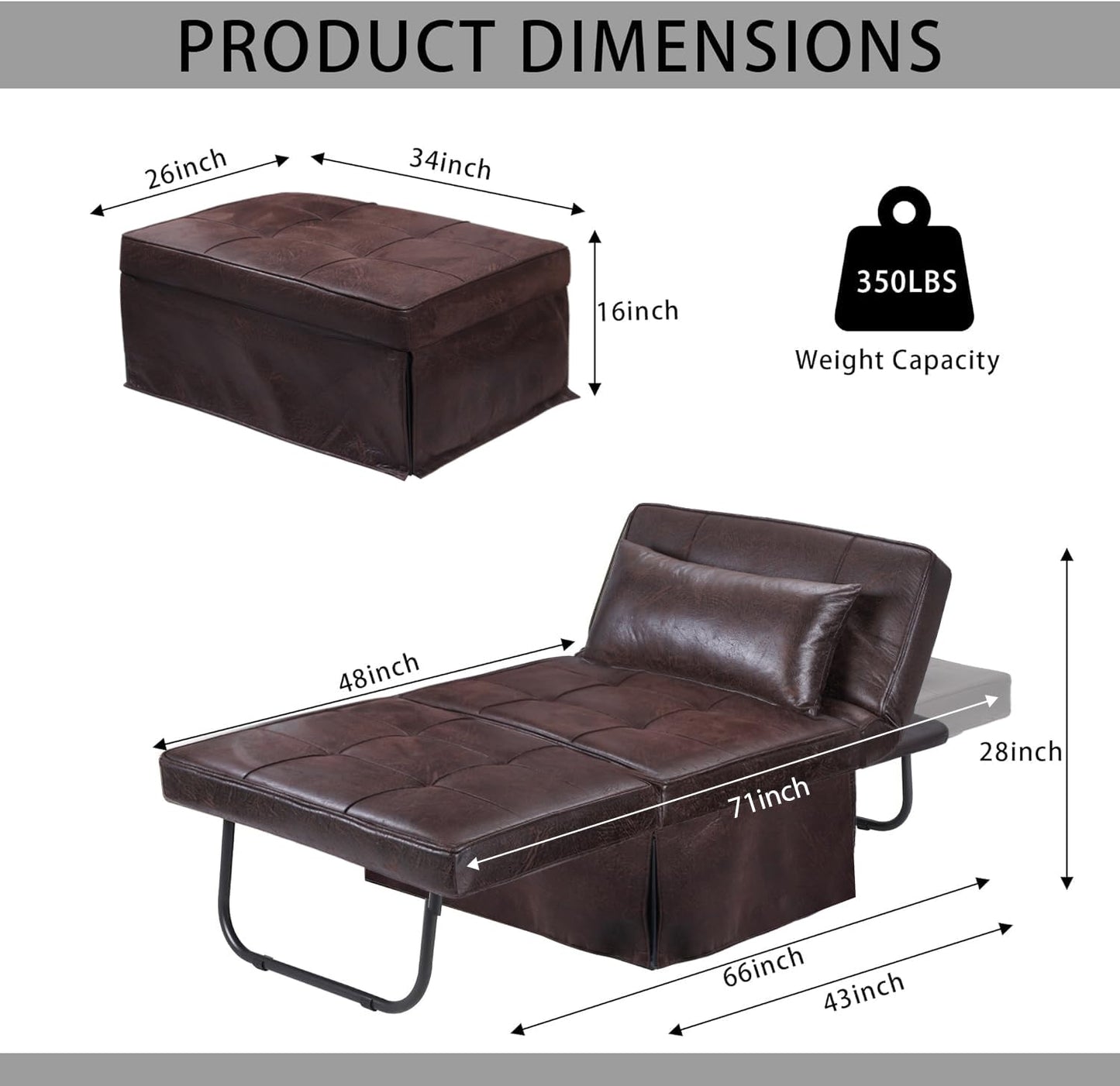 BIGSYY Sofa Bed, 4 in 1 Multi-Function Folding Ottoman Breathable Linen Couch Bed with Adjustable Backrest Modern Convertible Chair for Living Room Apartment Office, PU Imitation, Brown