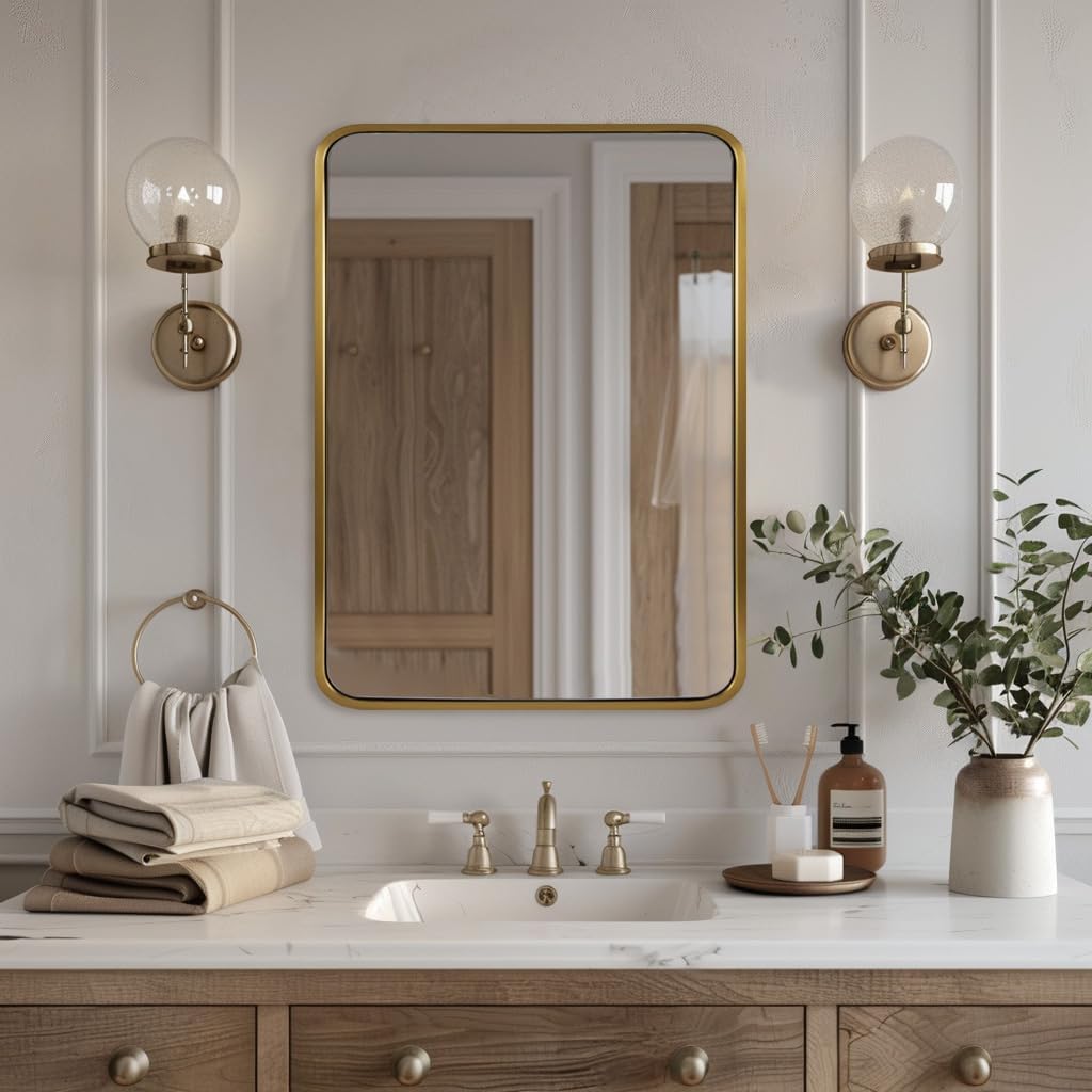 ANDY STAR Gold Bathroom Mirror for Wall, 30x36’’ Brushed Gold Mirror, Rounded Rectangle Mirror for Vanity in SUS304-Anti-Rust, Wall-Mounted Horizontal/Vertical 1’’ Deep