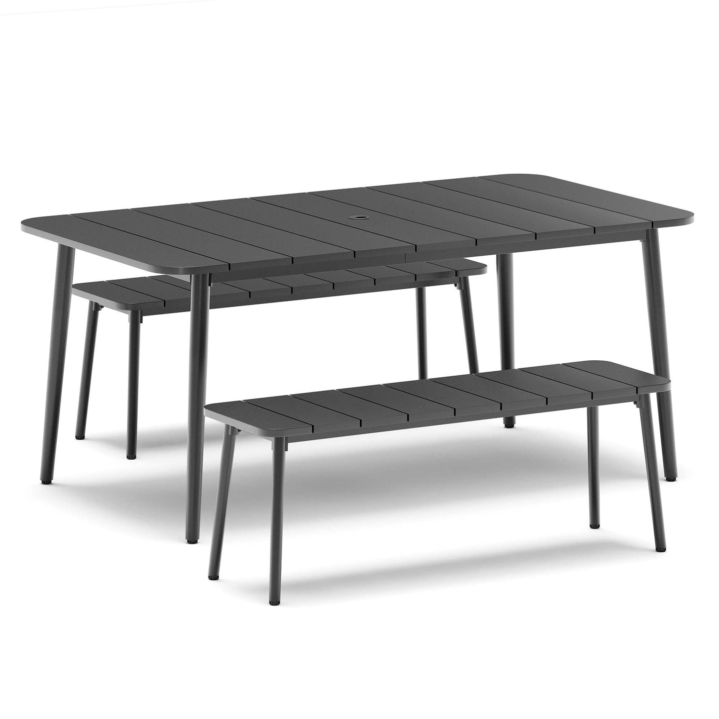 LAUSAINT HOME 3 Pieces Outdoor Patio Dining Set, Outdoor Dining Table and Chairs Set with Metal Table and Umbrella Hole,Patio Furniture Sets for Garden Backyard Deck Balcony with 2 Benches