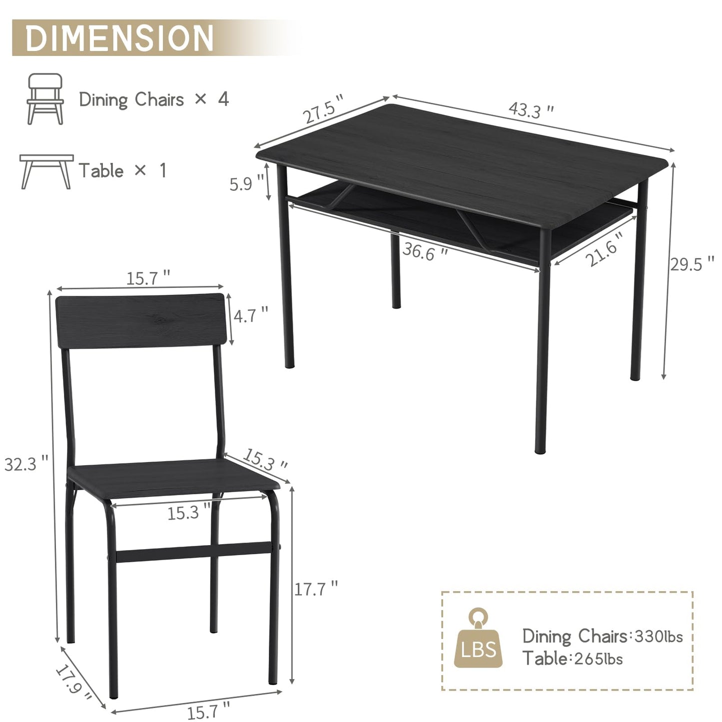 ECOTOUGE Dining Table Set for 4, Wood Kitchen Table and Chairs with Storage Shelves & Metal Frame, Compact Mid-Century Modern Rectangle Dinner Table Sets for Small Space, Apartment, Black