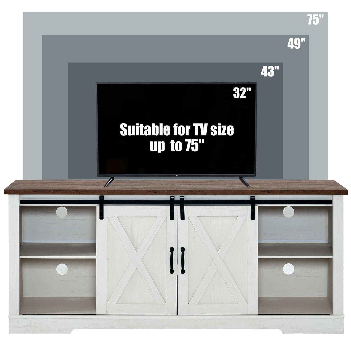 AMERLIFE 4-Piece Farmhouse Table Set Includes Sliding Barn Door TV Stand, Coffee Table& Two End Tables, Side Table with Charging Station and USB Ports, for Living Room, Distressed White, 66"