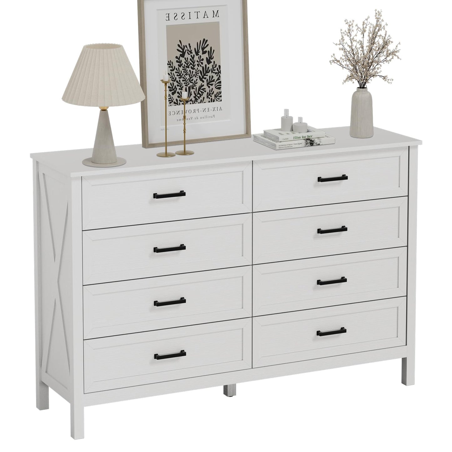 LYNSOM Farmhouse 8 Drawer Dresser for Bedroom, 55 Inch Wide Wood Rustic Chest of Drawers with X-Marking & Bar Handle, Large Storage Dressers Organizer for Bedroom, Living Room, White